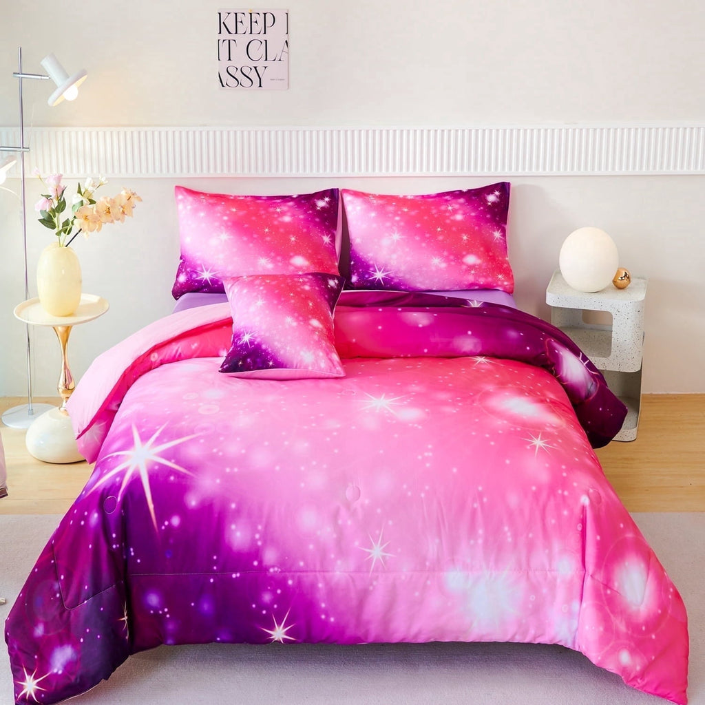Luxurious Quilted 4Pcs Rainbow Twin Size Comforter Set for Girls, Pink Purple Gradient Glitter Kids Bedding Sets, Soft Galaxy Girls Bed... - Hypoallergenic Ultra-Fluffy Quilt for Winter - Default Title