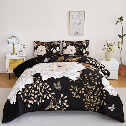 All-Season Black Floral Comforter Set Queen, Printed Comforter White Flowers Butterfly Bedding Set, 3 Pieces Botanical Reversibl... - All-Season Down Alternative Comforter Insert - Default Title