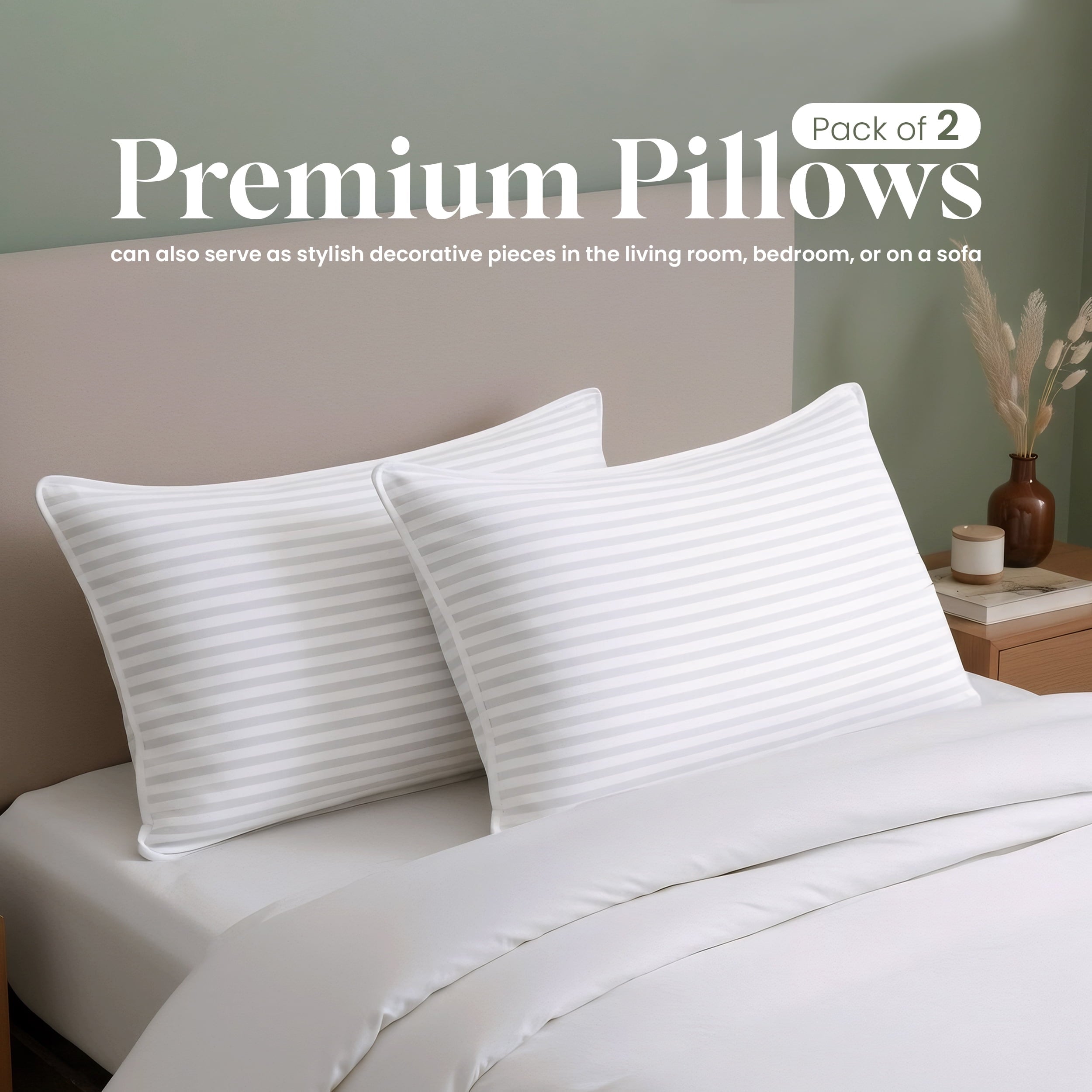 Ergonomic Memory Foam Bed Pillow with White Stripes - Set of 2 - Ultra Cozy & Relaxing For Adults, (Queen, 28"L x 20" W) - Orthopedic Shredded Foam Bed Pillow Set - Default Title