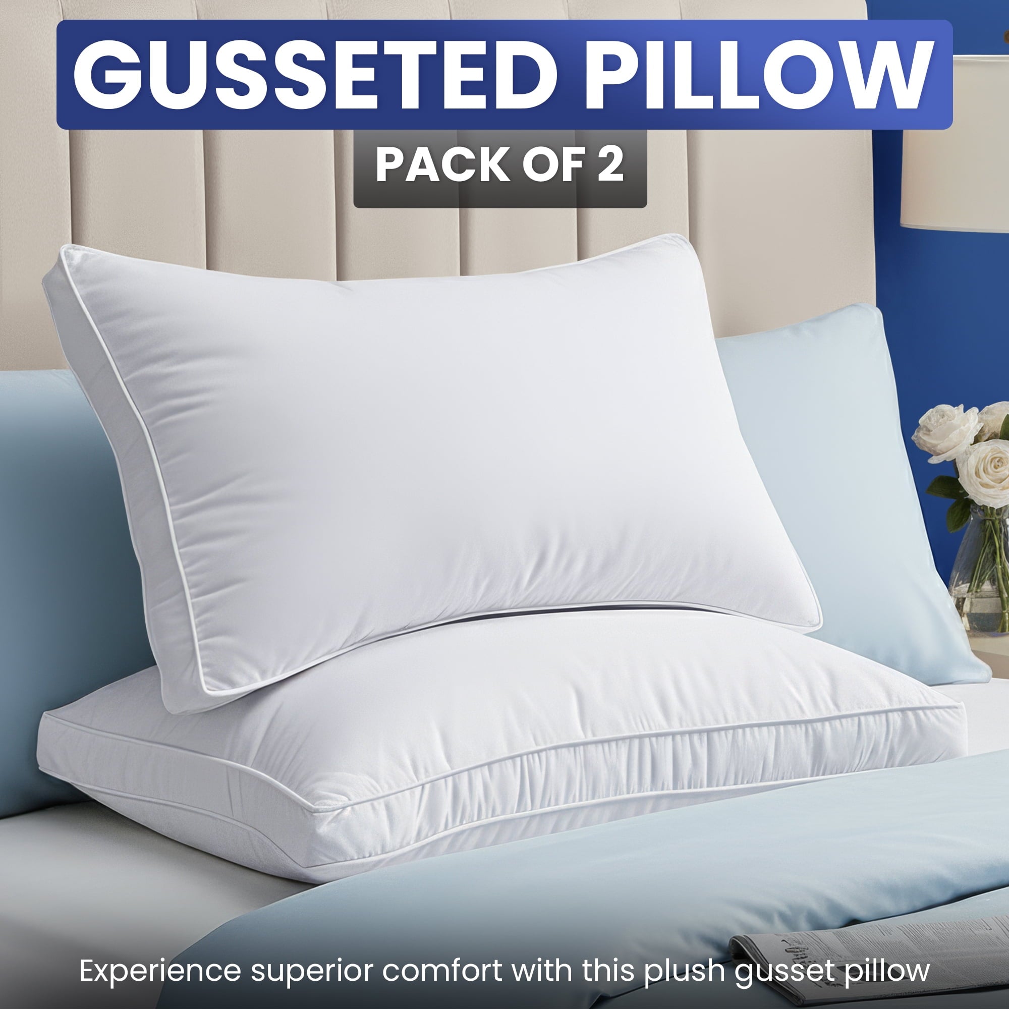 Ergonomic Memory Foam Queen Bed Pillow, 26"L x 18" W, Set of 2, Soft and High-Quality, Gusseted Pillow for All Sleep Positions (White) - Ergonomic Memory Foam Pillow for Neck Pain Support - Default Title
