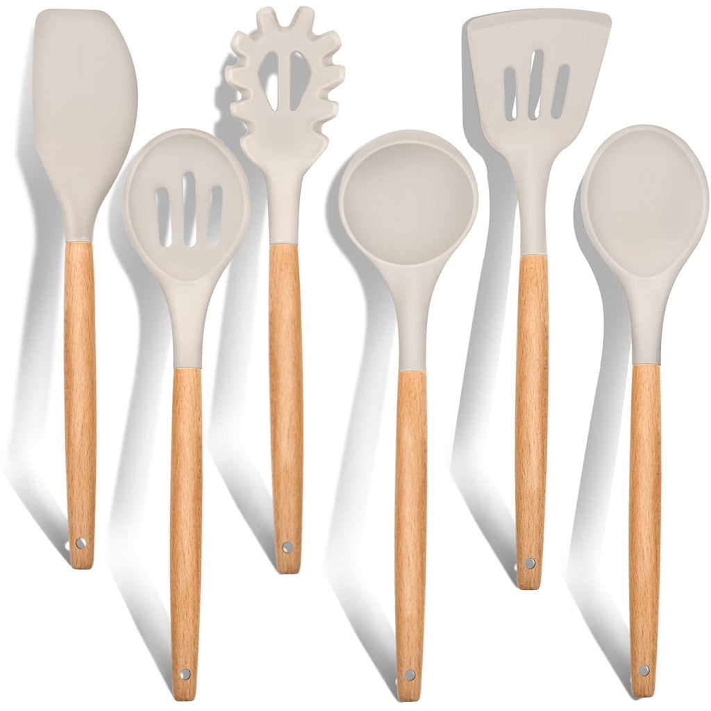 Ergonomic Cooking Kitchen Utensils Set of 6, Silicone Cooking Utensils with Wooden Handle, Non-Stick Cookware & Heat Resistant, Include... - Ergonomic Kitchen Tongs and Cooking Spoon Utensil - Default Title