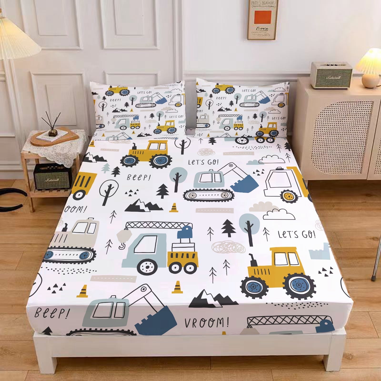 Cooling Sateen Cartoon Excavator Sheet Set for Kids Boys Truck Construction Bedding Set Engineering Vehicle Bed Sheet Sets with 1 Fi... - Breathable Egyptian Cotton Flat & Fitted Sheets - Default Title