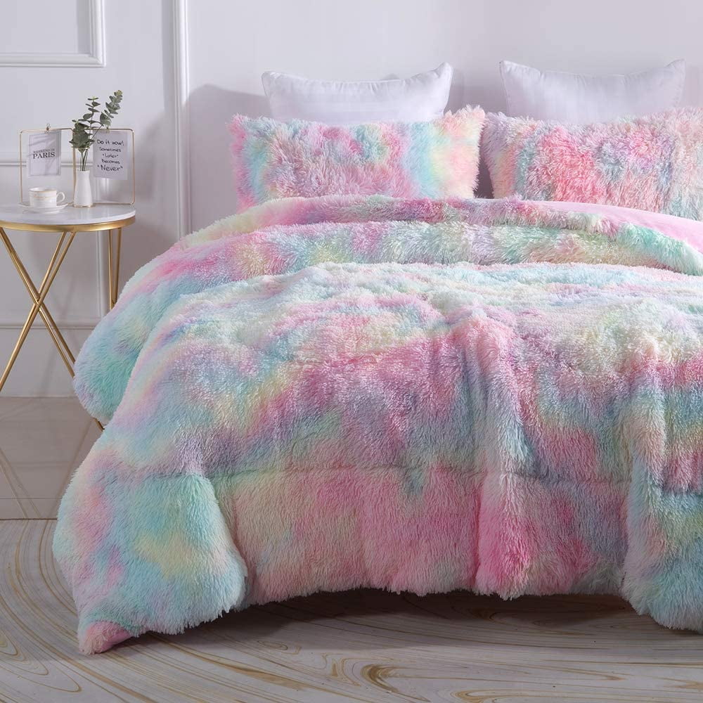 Hypoallergenic Cloud Plush Shaggy Comforter Set Fluffy Fuzzy Faux Fur Bedding Set - Microfiber Soft Warm Quilt Set(Rainbow Pink,Queen Size) - All-Season Down Alternative Comforter Insert - Default Title