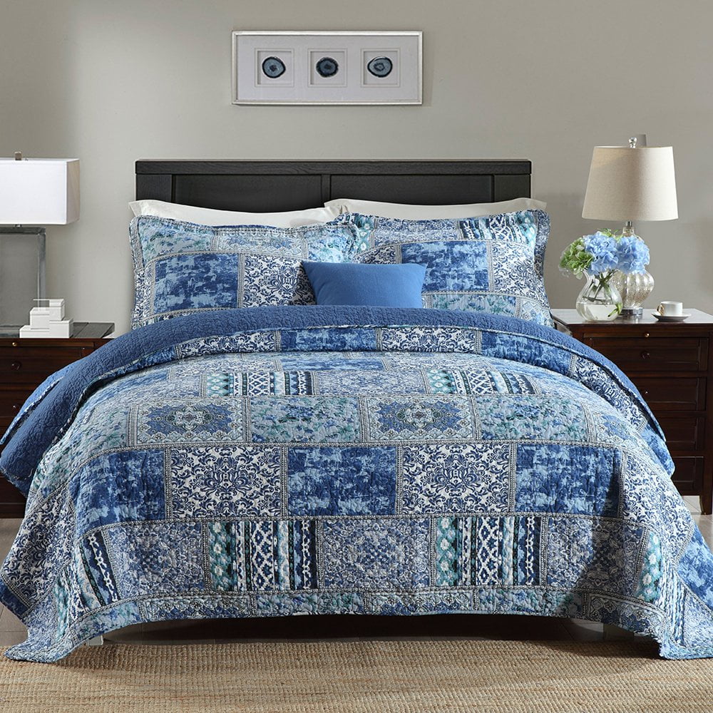 Heavyweight Warmth Quilt Comforter Cotton Bedding Set With Shams, Vintage Blue, King - Luxurious Quilted Duvet Cover Set - Default Title