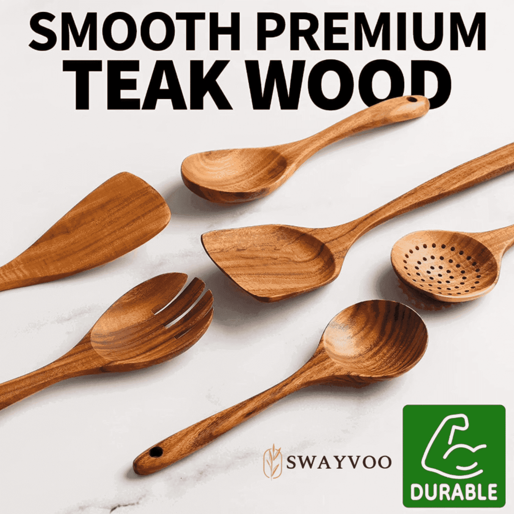 Heat-Resistant Wooden Spoons for Cooking, 6-Piece 100% Natural Teak Wooden Utensils for Cooking — Heat Resistant, Non-Stick ... - Ergonomic Kitchen Tongs and Cooking Spoon Utensil - Default Title