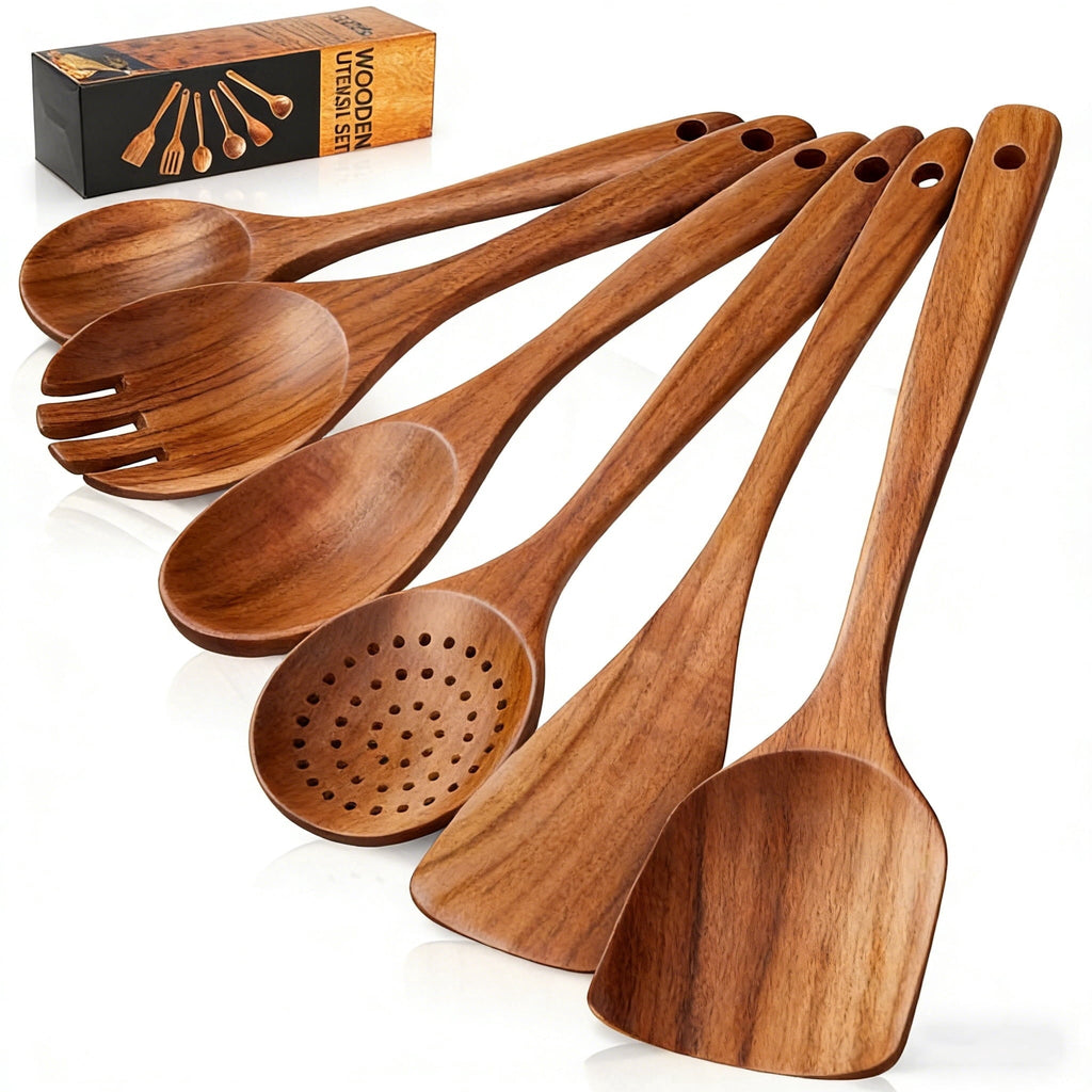 Heat-Resistant Wooden Spoons for Cooking, 6 PCS Teak Wood Cooking Utensil Set, Wooden Kitchen Utensils for Nonstick Pans & Cookware,... - Durable Turner & Ladle Utensil Set for Home Chefs - Default Title