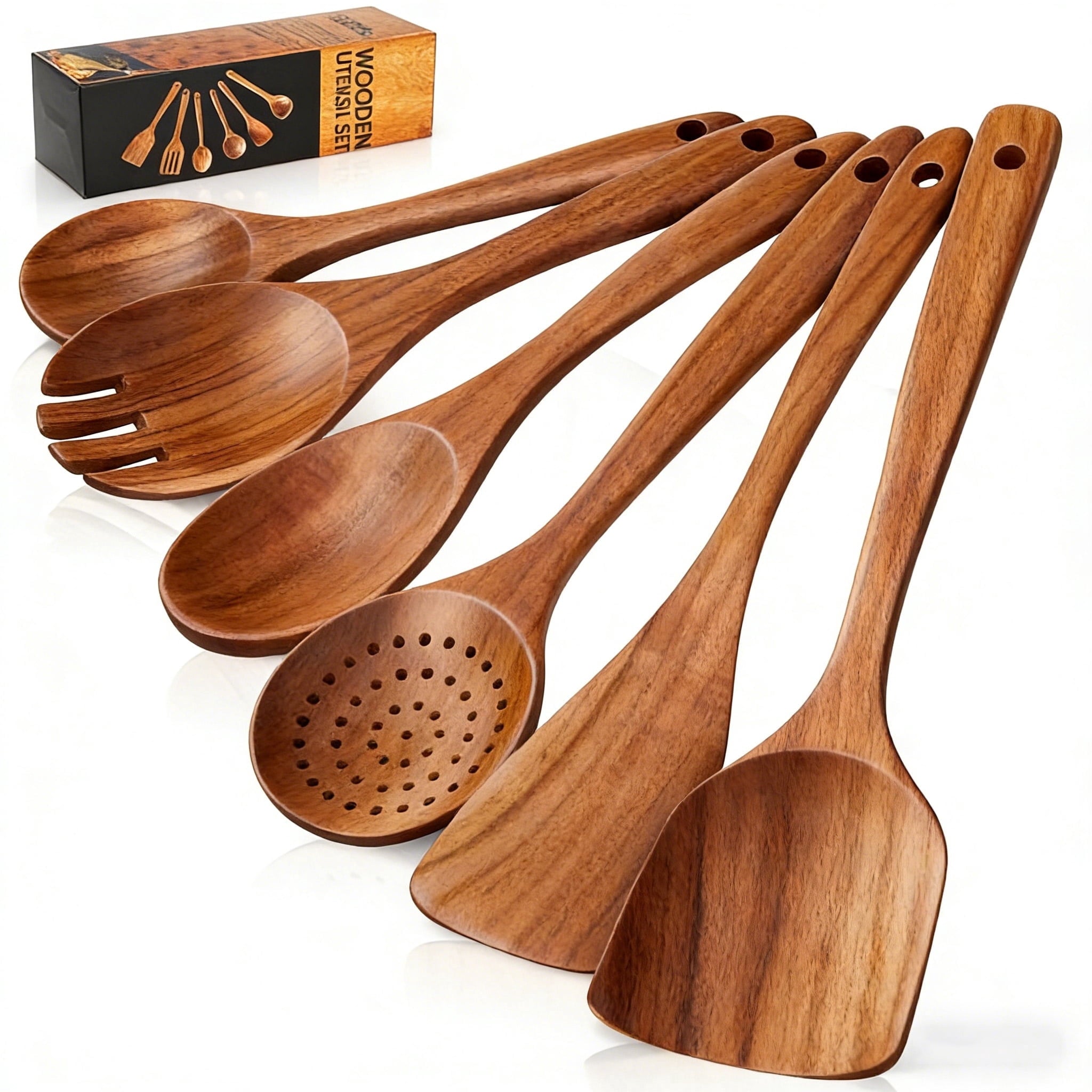 Heat-Resistant Wooden Spoons for Cooking, 6 PCS Teak Wood Cooking Utensil Set, Wooden Kitchen Utensils for Nonstick Pans & Cookware,... - Durable Turner & Ladle Utensil Set for Home Chefs - Default Title