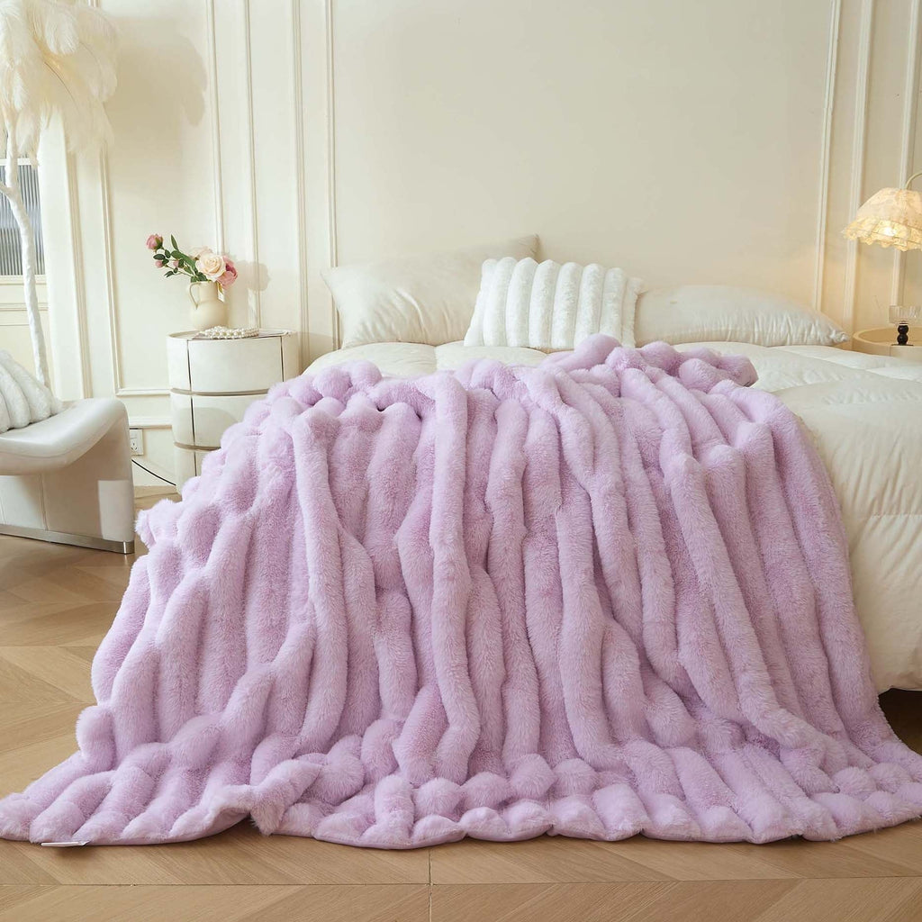 Decorative Knitted Fluffy Faux Rabbit Fur Throw, Cozy Wide Stripe Plush Fuzzy Blanket for Bed Couch Sofa Chair, Light Purple Shaggy Thro... - Cozy Fleece Throw Blanket for Couch & Bed - Default Title