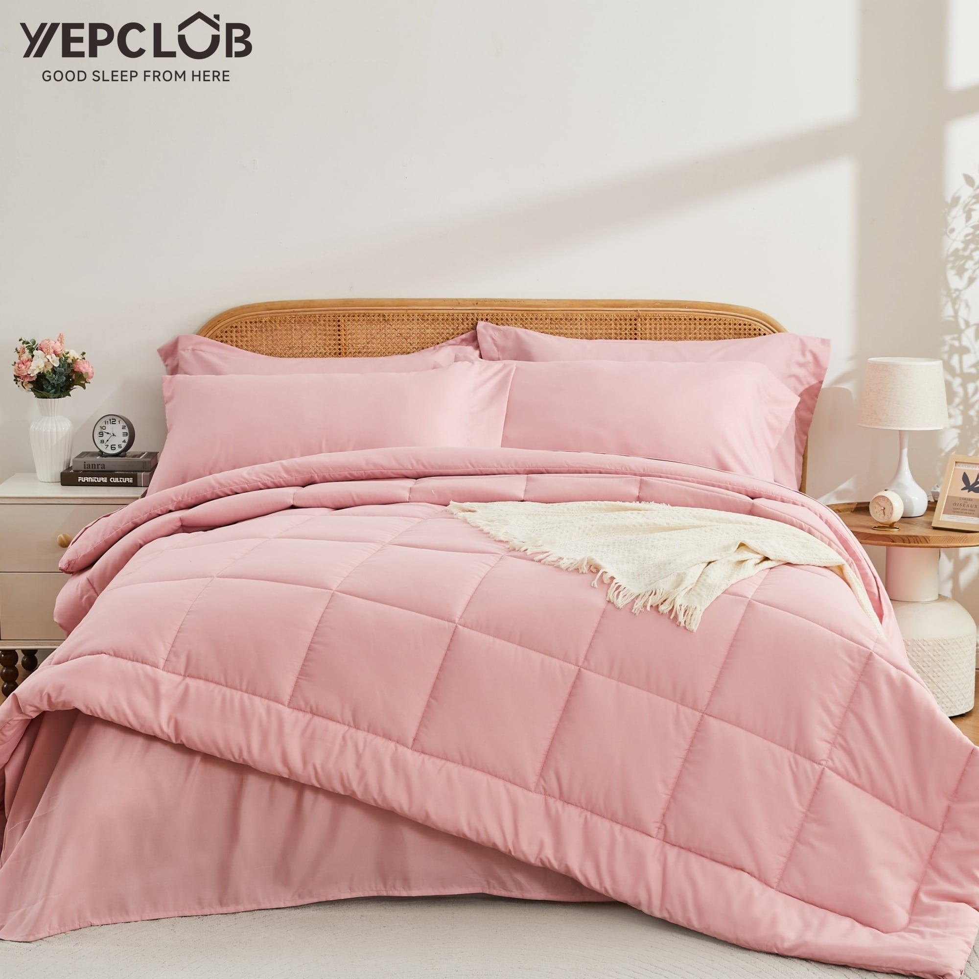 Heavyweight Warmth 7-Piece Queen Size Comforter Set,Pink Reversible Bed in a Bag,All Season Solid Bedding Set with Sheets,Pillowcases & ... - Luxurious Quilted Duvet Cover Set - Default Title