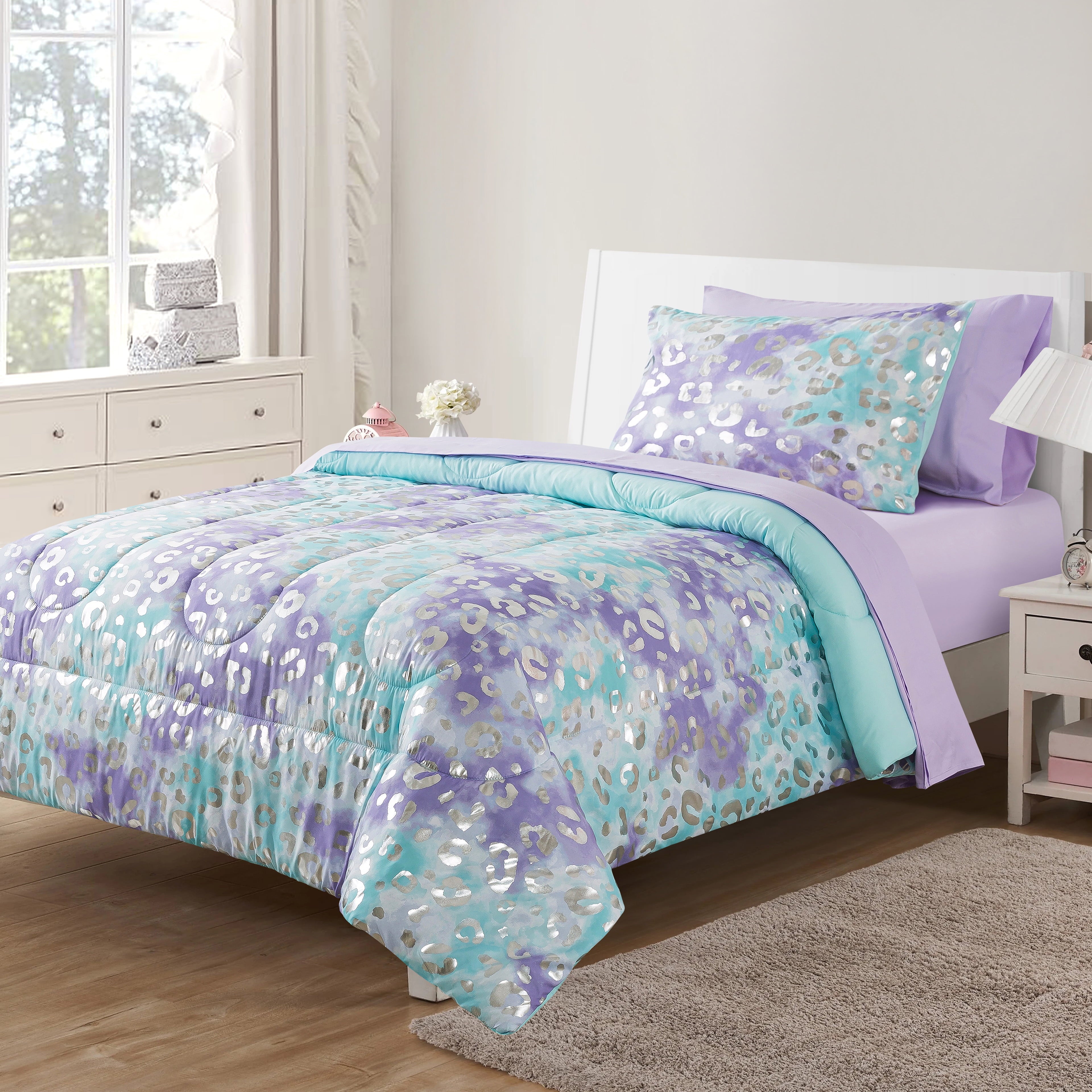 Hypoallergenic Cloud 5-Piece Purple Metallic Foil Cheetah Bedding Set for Kids with Storage Bag, Twin - Hypoallergenic Ultra-Fluffy Quilt for Winter - Default Title