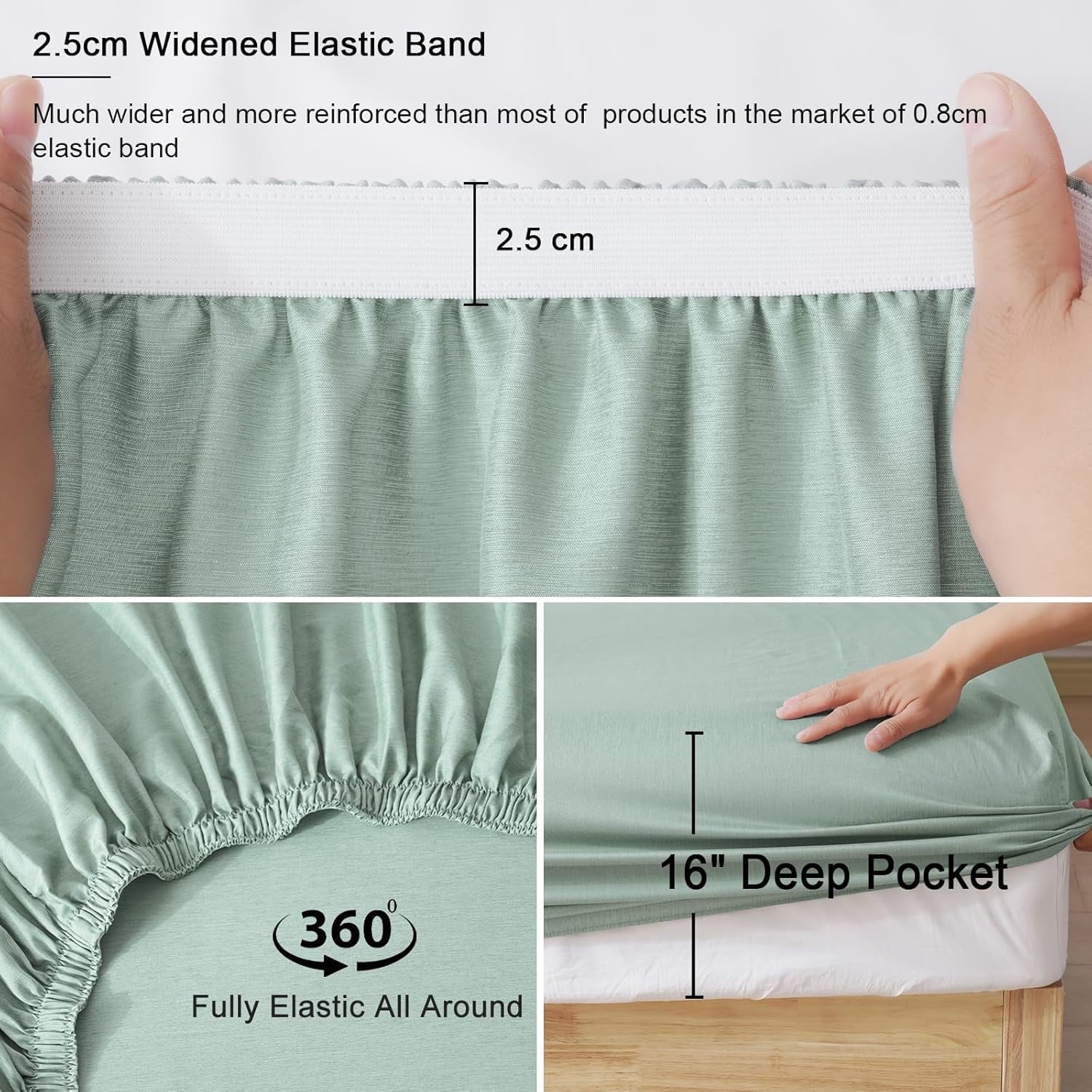 Ultra-Soft Bamboo Bed Sheet Sets, 4 Pieces King Silky Soft Bedding Sheets, 1800 Thread Count 16 Inch Deep Pockets, Sage Green - Breathable Egyptian Cotton Flat & Fitted Sheets Detail