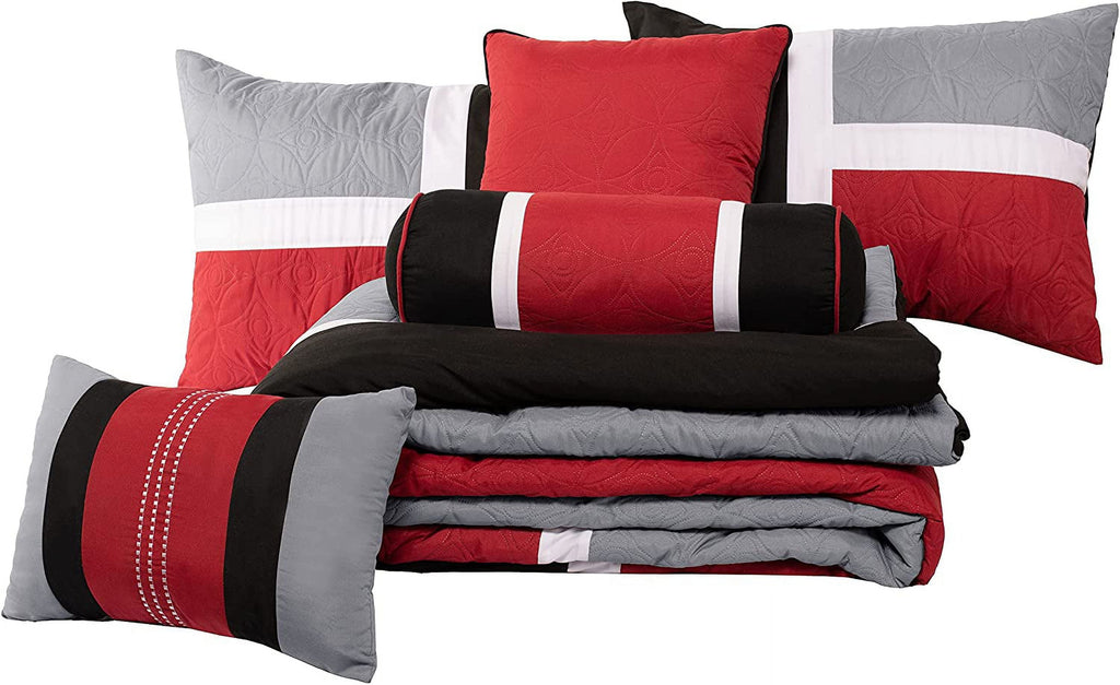 Fluffy Down Alternative 7-Piece Medallion Patchwork Comforter Set, Full, Red/Gray/Black - Luxurious Quilted Duvet Cover Set Detail