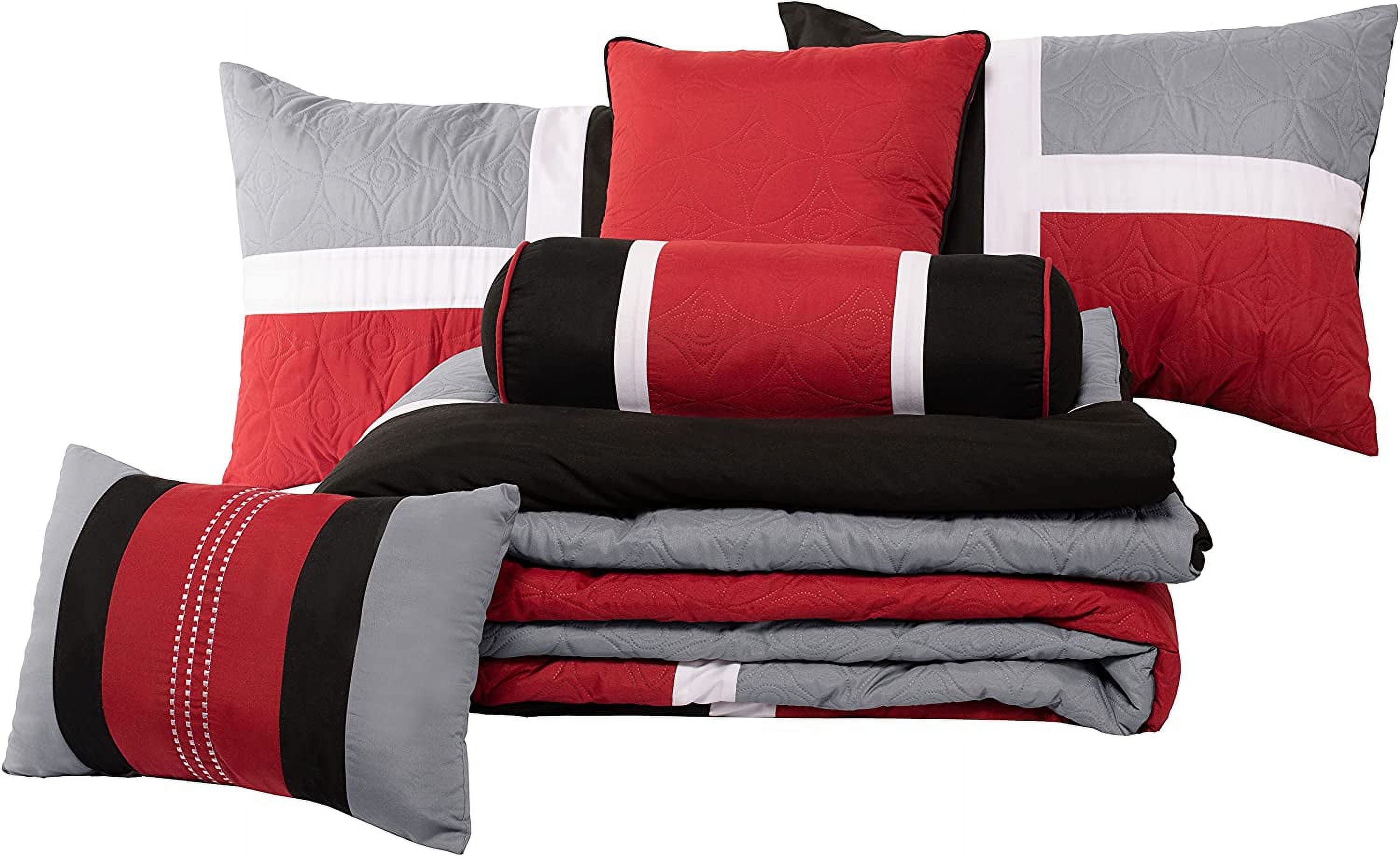 Fluffy Down Alternative 7-Piece Medallion Patchwork Comforter Set, Full, Red/Gray/Black - Luxurious Quilted Duvet Cover Set Detail