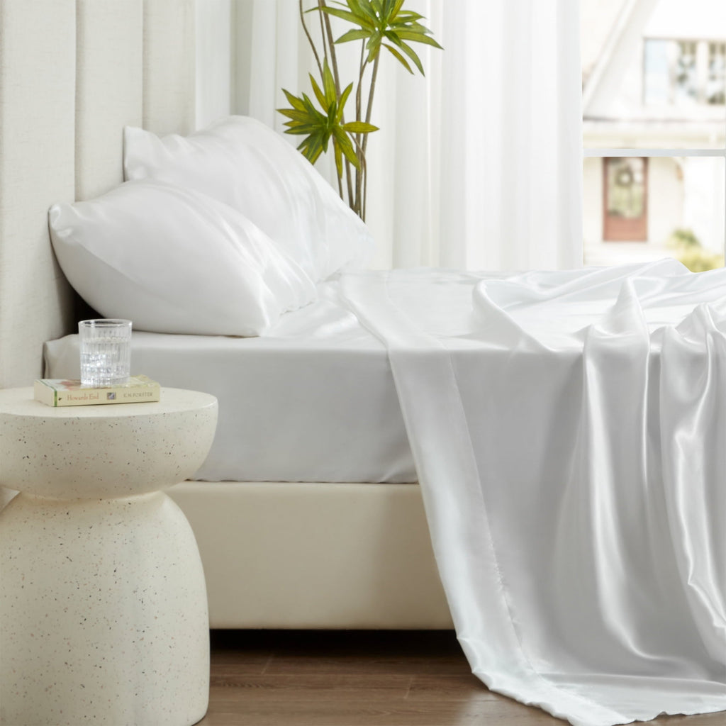 Wrinkle-Resistant Satin Sheets Full Sheet Set Deep Pocket Luxury Silky Bed Sheets for Hair and Skin 4 Pieces, White - Cooling Hotel Quality Bedding Sheets and Pillowcases Detail
