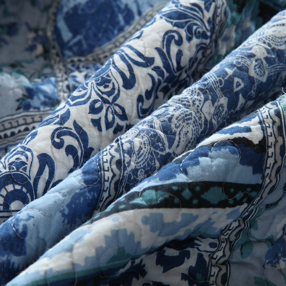 Heavyweight Warmth Quilt Comforter Cotton Bedding Set With Shams, Vintage Blue, King - Luxurious Quilted Duvet Cover Set Detail