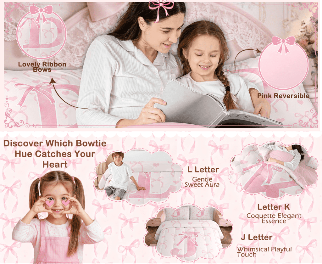 Fluffy Down Alternative Kawaii Bowknot Bedding Sets Full with Comforter, Initial H Duvet Insert, Romantic Initial A-Z Decor, Reversible - Luxurious Quilted Duvet Cover Set Detail