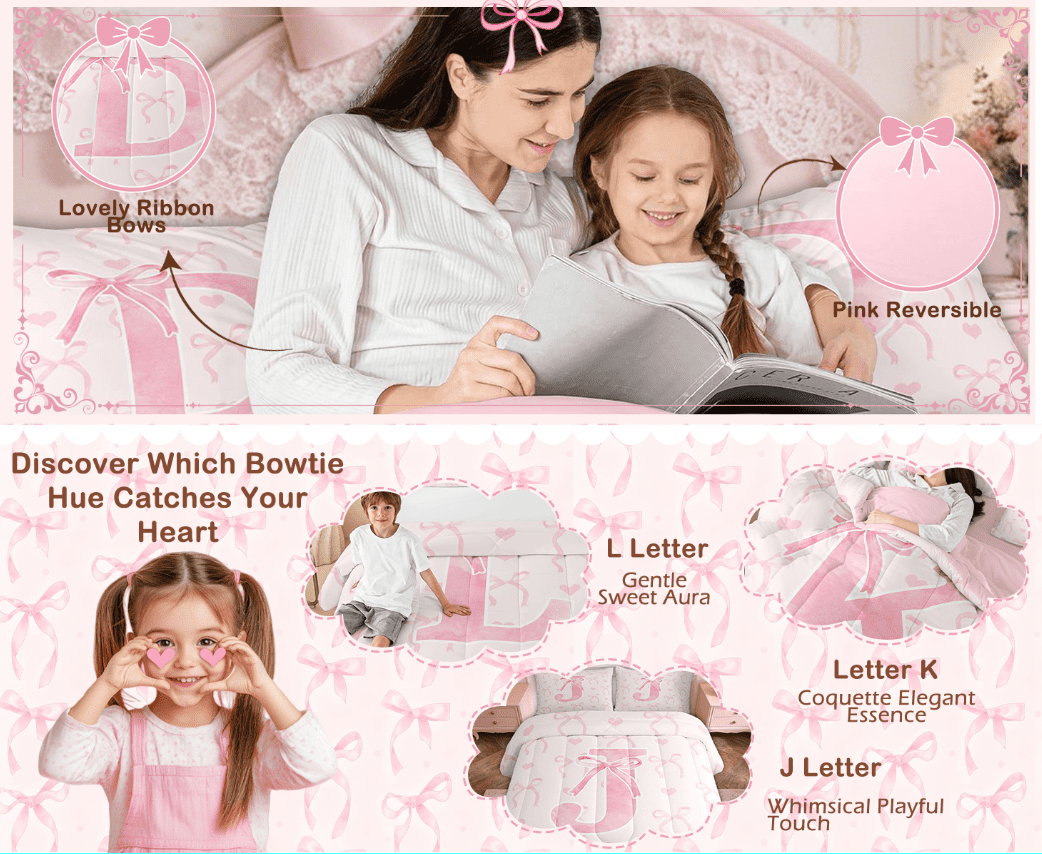 Fluffy Down Alternative Kawaii Bowknot Bedding Sets Full with Comforter, Initial H Duvet Insert, Romantic Initial A-Z Decor, Reversible - Luxurious Quilted Duvet Cover Set Detail