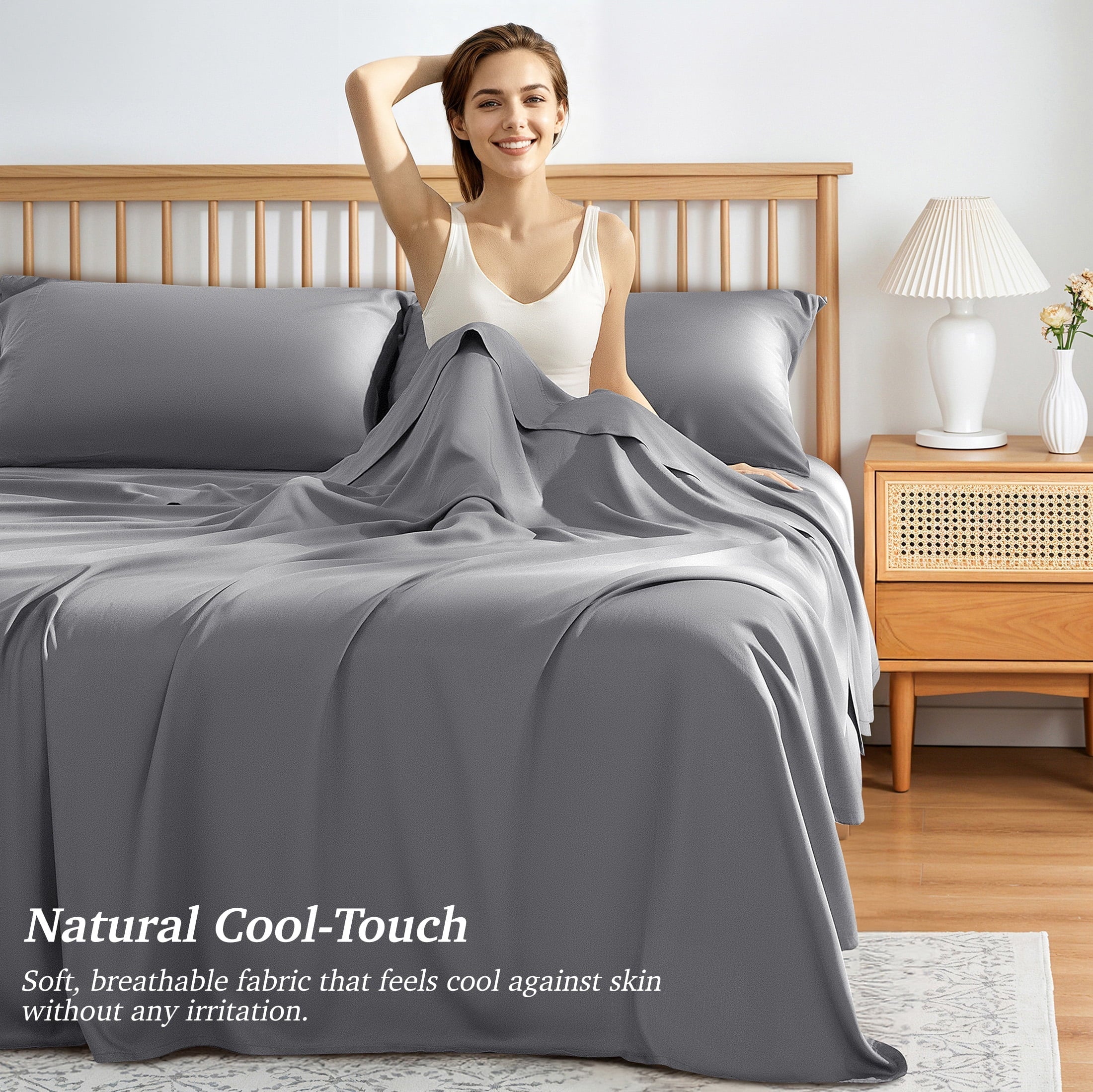 Ultra-Soft Bamboo Queen Sheet Set, Luxury Soft 4 Pieces Bed Sheets with 18" Deep Pocket, Gray - Breathable Egyptian Cotton Flat & Fitted Sheets Detail