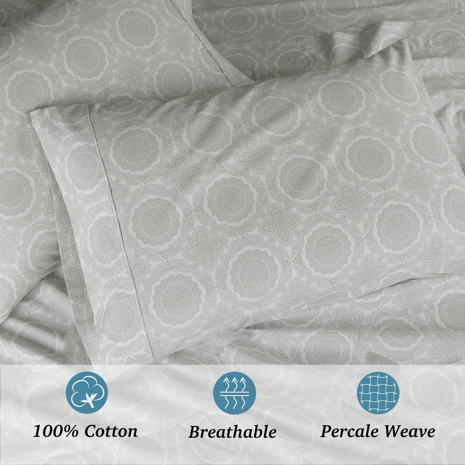 Breathable Luxury 100% Cotton Queen Sheets Set, 4 Piece Bed Sheets Set with HeiQ Fresh, Percale Weave, Hotel Luxury, Ultra Soft Sheets ... - Breathable Egyptian Cotton Flat & Fitted Sheets Detail
