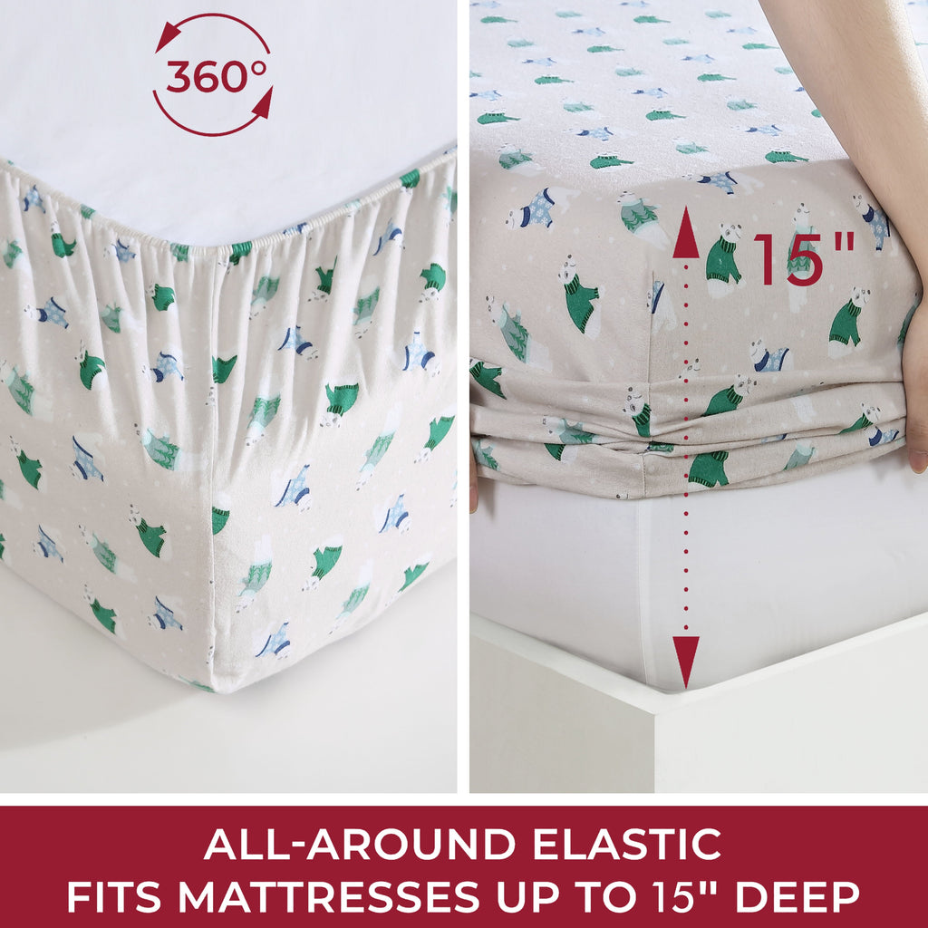Wrinkle-Resistant Winter Nights Cotton Flannel Sheet Set, King, Holiday Bears - Premium Ultra-Soft Pillowcase Pair for Sleeping Detail