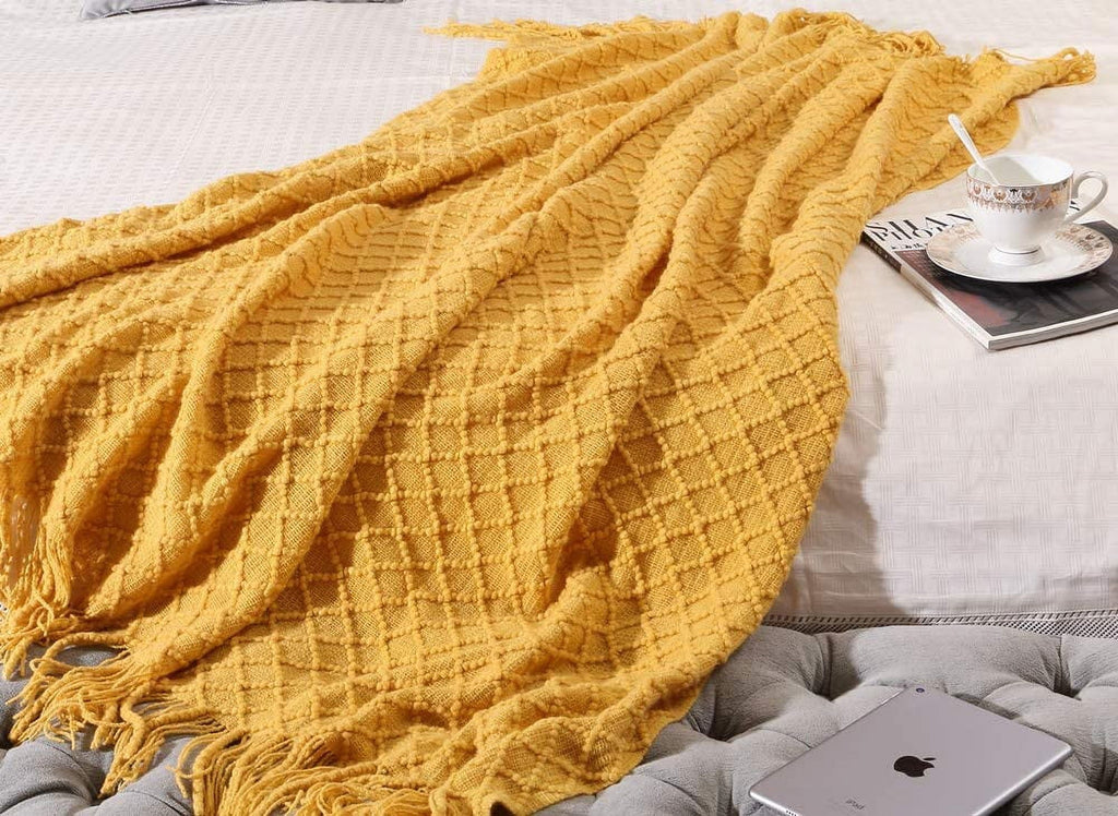 Super Soft Flannel Decorative Soft Spring Summer Fall Throw Blanket ,for Couch Sofa Chair Bed,50''X60'',Mustard Yellow - Lightweight Plush Warm Blanket for All Seasons Detail