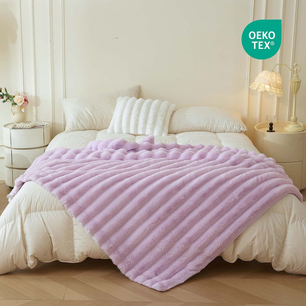 Decorative Knitted Fluffy Faux Rabbit Fur Throw, Cozy Wide Stripe Plush Fuzzy Blanket for Bed Couch Sofa Chair, Light Purple Shaggy Thro... - Cozy Fleece Throw Blanket for Couch & Bed Detail