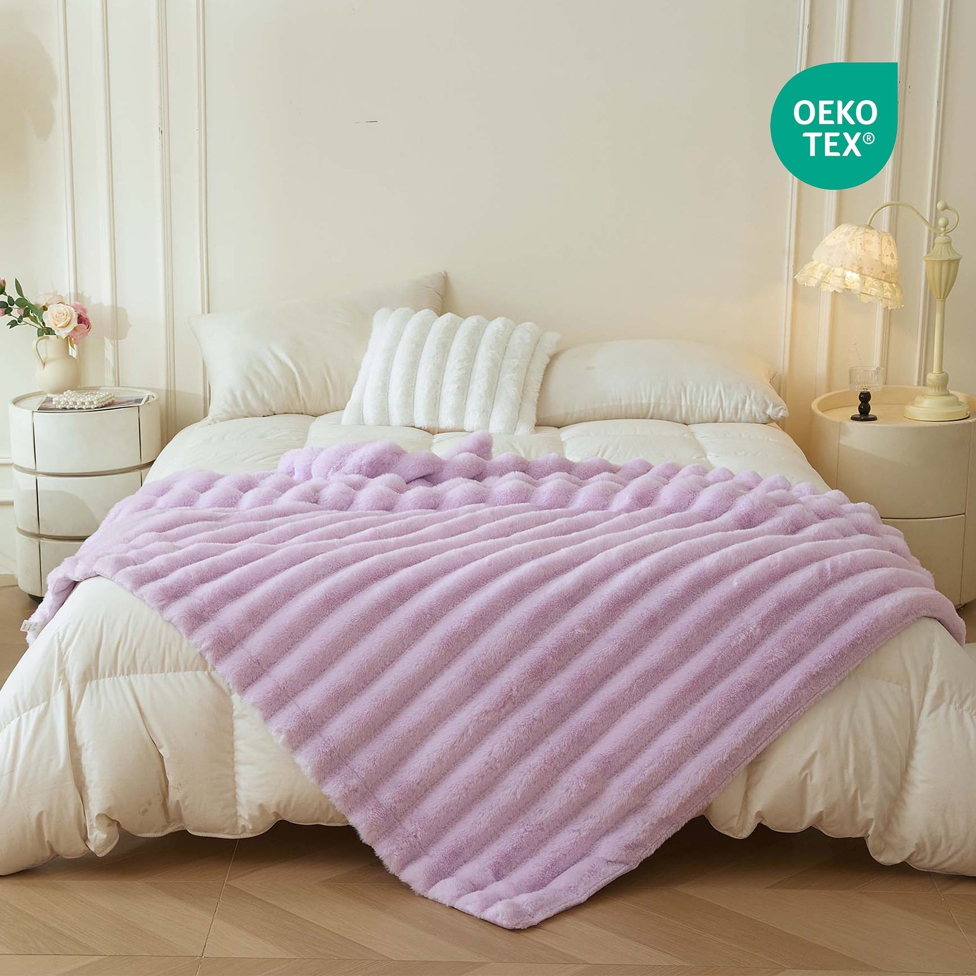 Decorative Knitted Fluffy Faux Rabbit Fur Throw, Cozy Wide Stripe Plush Fuzzy Blanket for Bed Couch Sofa Chair, Light Purple Shaggy Thro... - Cozy Fleece Throw Blanket for Couch & Bed Detail