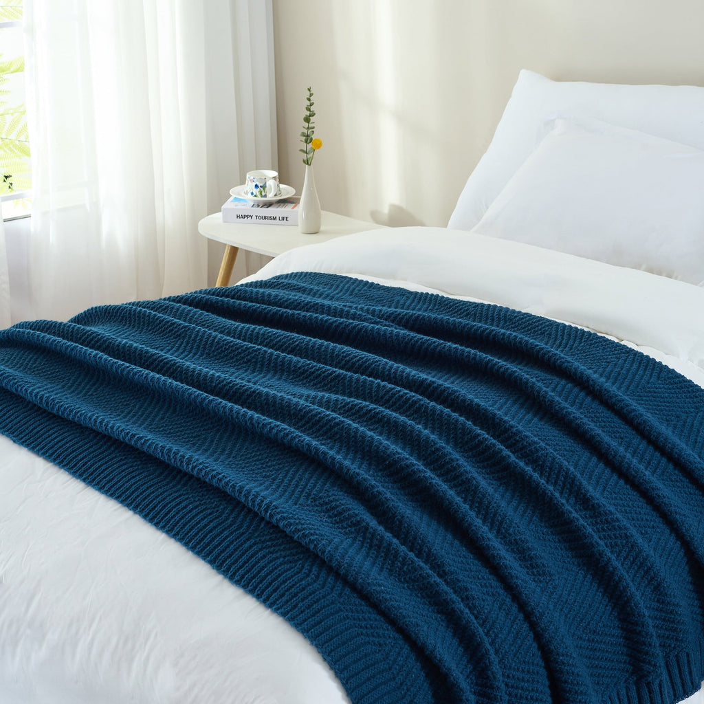 Super Soft Flannel Soft Knitted Throw Blanket 50" x 60" Navy Blue, Boho Chevron Farmhouse Throw for Bed Couch - Cozy Fleece Throw Blanket for Couch & Bed Detail