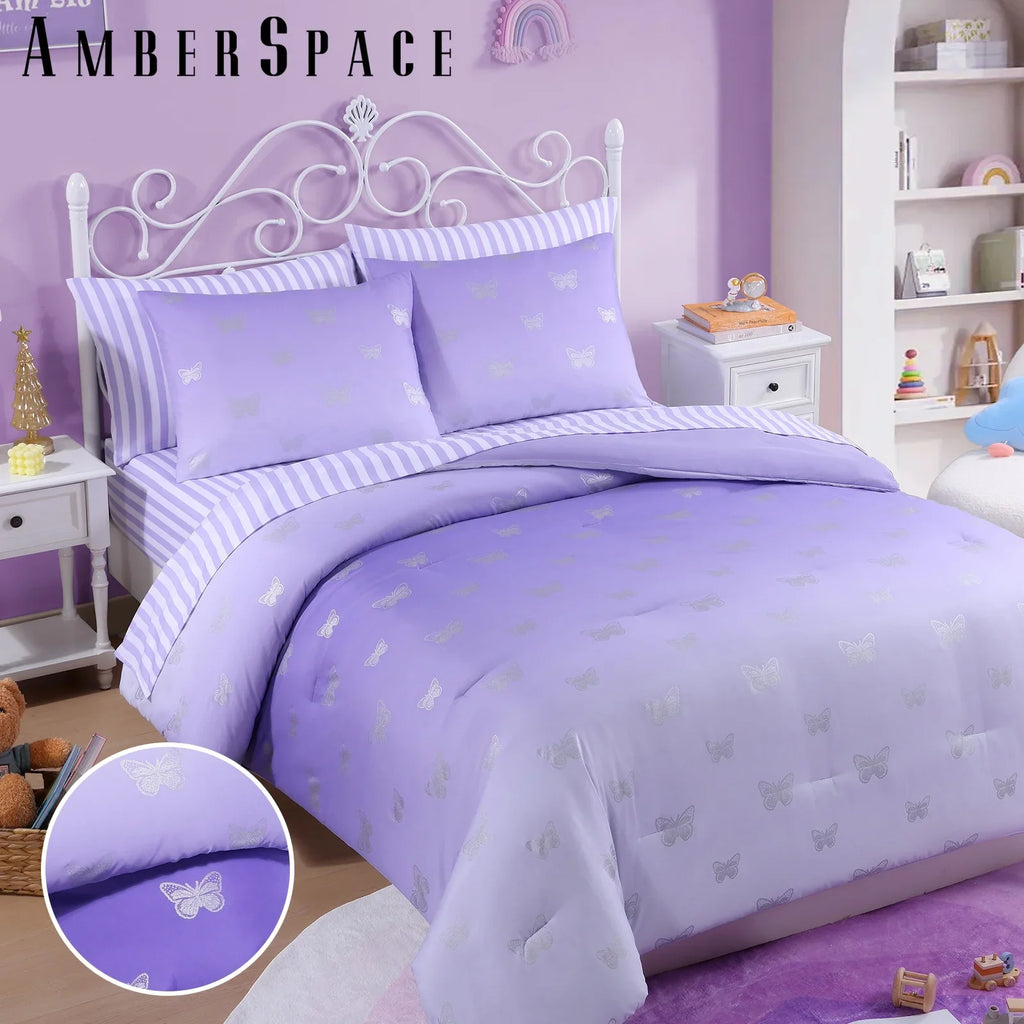 Luxurious Quilted gold foil Design 7-piece Bed in a Bag Comforter Set with Sheets,Purple/Silver Butterflies,Full - All-Season Down Alternative Comforter Insert Detail