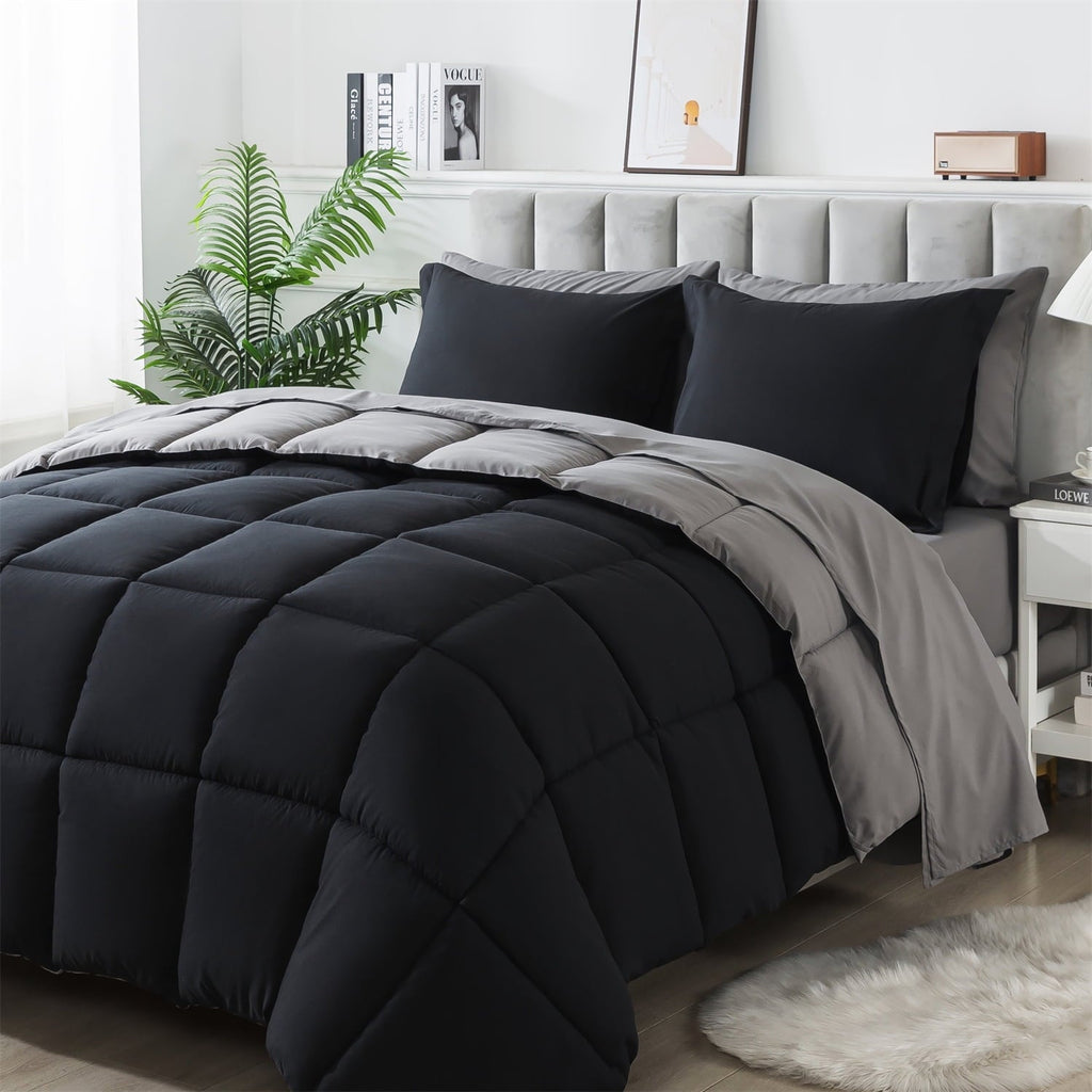 All-Season Queen Size 7 Piece Comforter Set | Bed in a Bag for Unisex Adult | Black/Gray - Luxurious Quilted Duvet Cover Set Detail