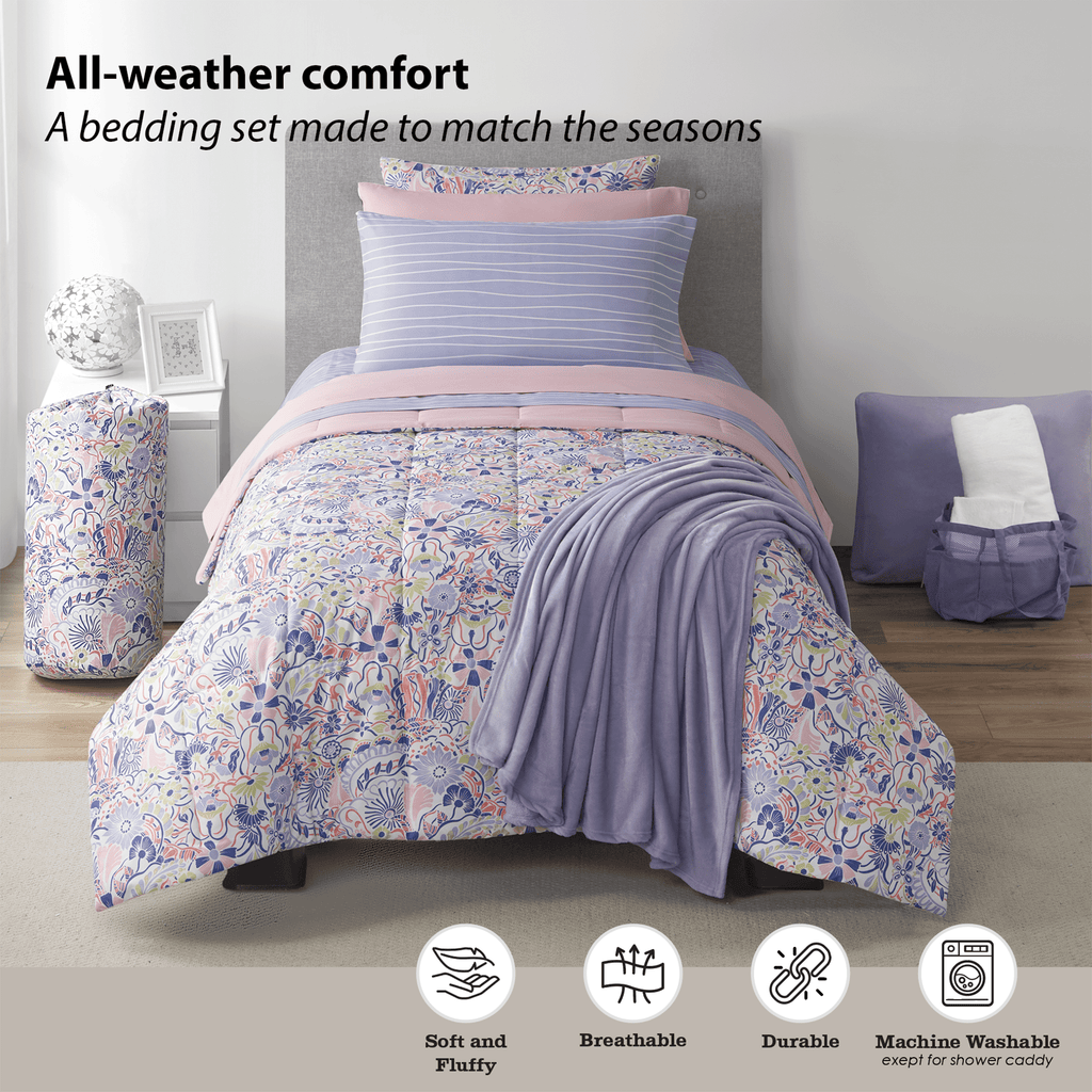 Fluffy Down Alternative 14pc College Dorm Essentials Bundle, Twin-XL, Reversible Bed in a Bag Comforter Set, Purple Floral - All-Season Down Alternative Comforter Insert Detail