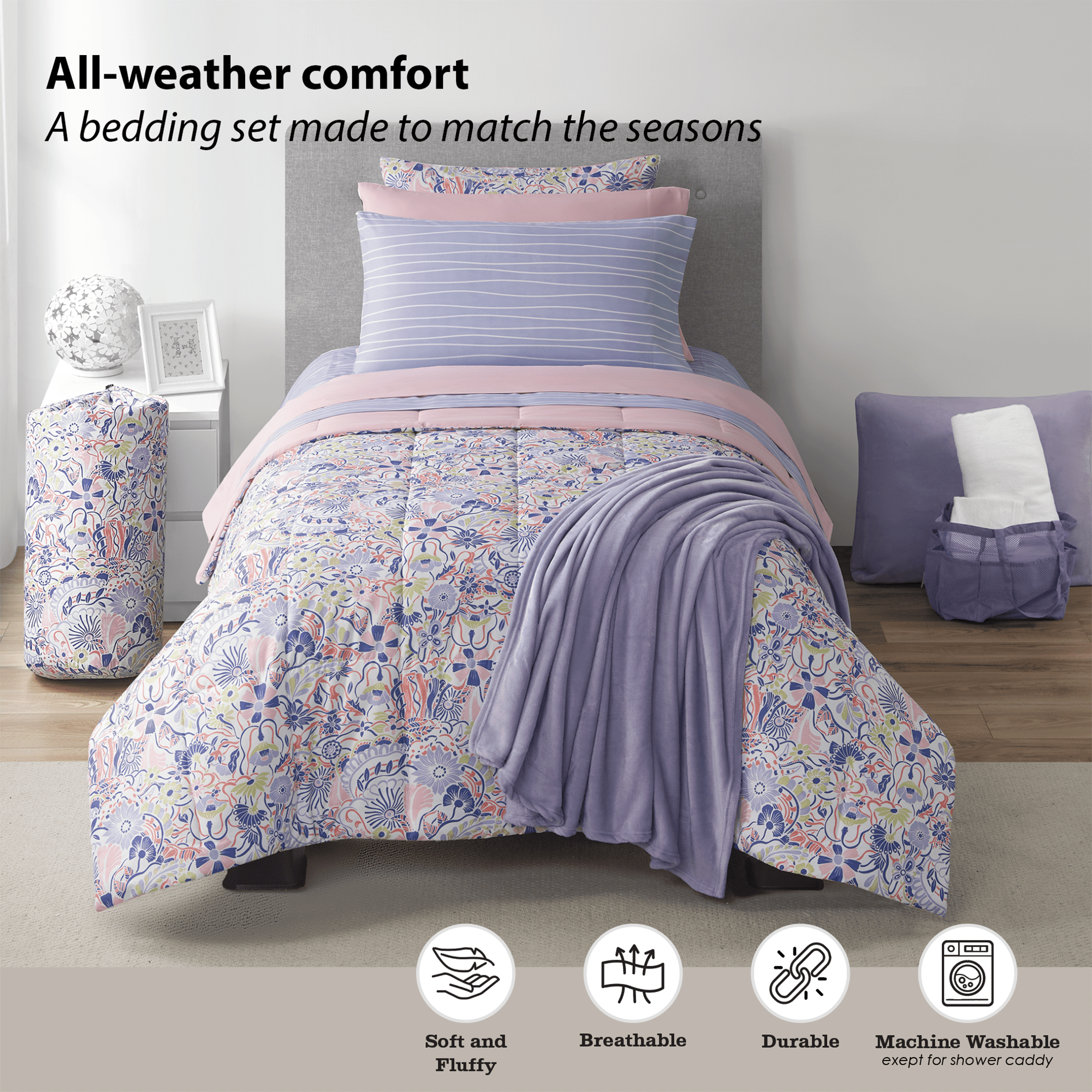 Fluffy Down Alternative 14pc College Dorm Essentials Bundle, Twin-XL, Reversible Bed in a Bag Comforter Set, Purple Floral - All-Season Down Alternative Comforter Insert Detail