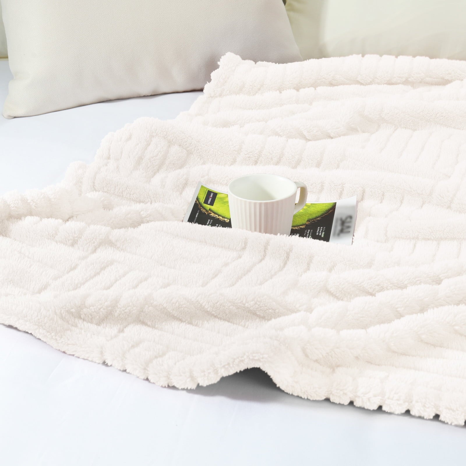 Decorative Knitted Fluffy Fleece Throw Blanket 50"x60" for Couch, Bed, Sofa, Fuzzy Soft Cozy Throw with Decorative Jacquard Pattern for ... - Lightweight Plush Warm Blanket for All Seasons Detail