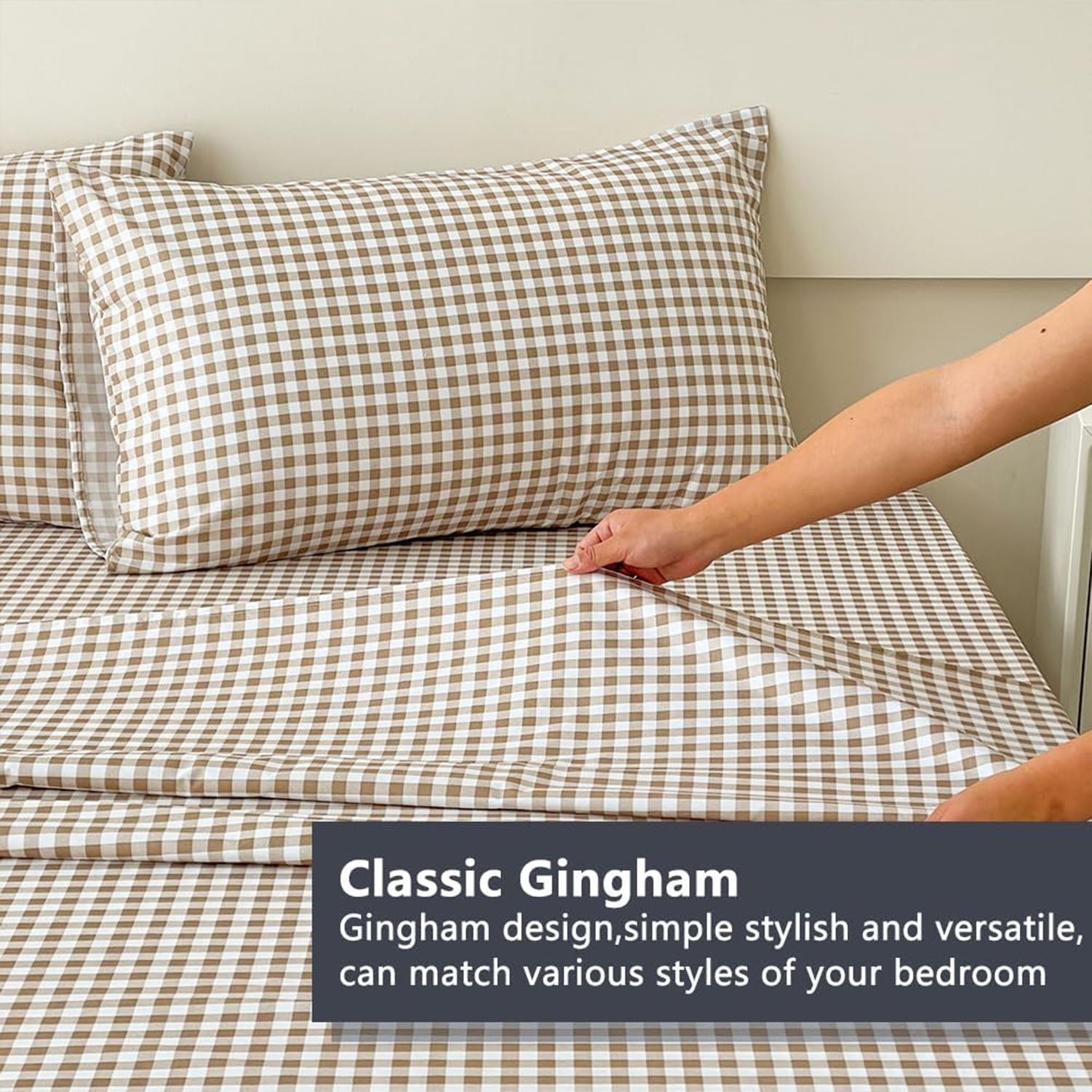 Breathable Luxury Sheet Set, Soft Brushed Microfiber Taupe Plaid Sheets, 4-Piece Brown Grid Set with Deep Pocket - Breathable Egyptian Cotton Flat & Fitted Sheets Detail