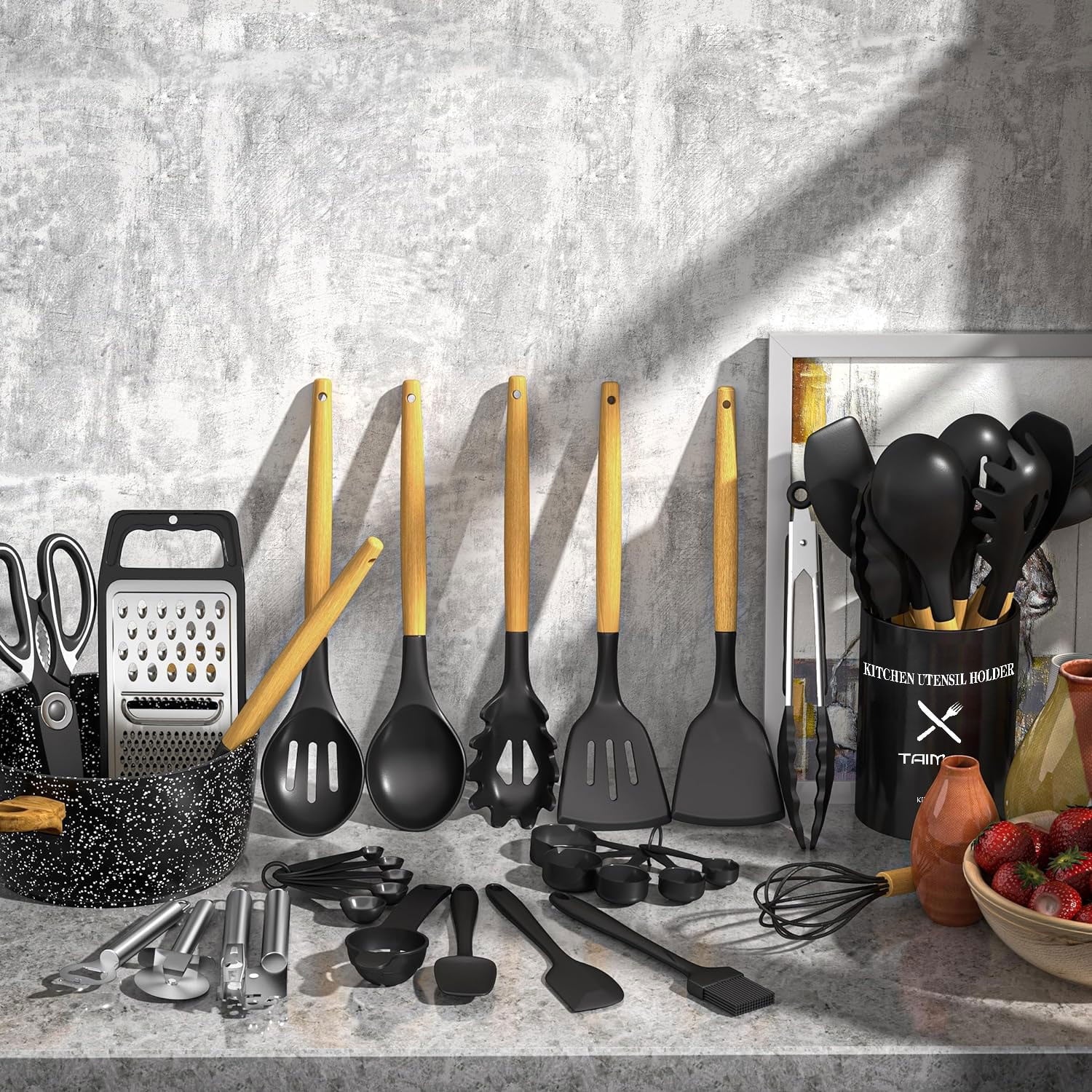 Seamless One-Piece Kitchen Utensil Set, 34Pieces Silicone Cooking Utensil Set with Wooden Handle, Heat Resistant Spatula Set Gadg... - Durable Turner & Ladle Utensil Set for Home Chefs Detail