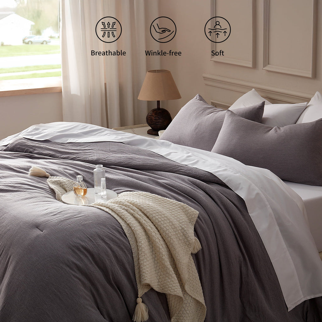 Luxurious Quilted Washed Comforter Set Full Size - 3 Pieces Soft Luxury Cationic Dyeing Bedding Sets, Linen-Like Texture Breathable Wri... - Cloud-Like Soft Lightweight Bed Comforter Detail