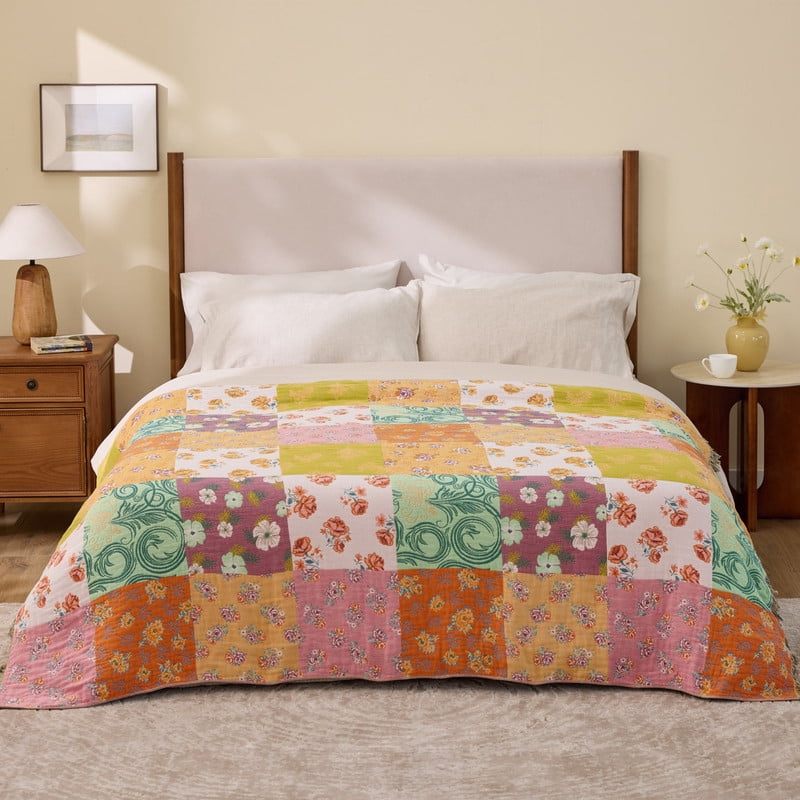 Super Soft Flannel 100% Cotton Boho Blankets for Home Decor – Colorful Patchwork Reversible Farmhouse Quilt Bedding, Vintage Woven Decor... - Super Soft Reversible Sherpa Flannel Blanket Detail