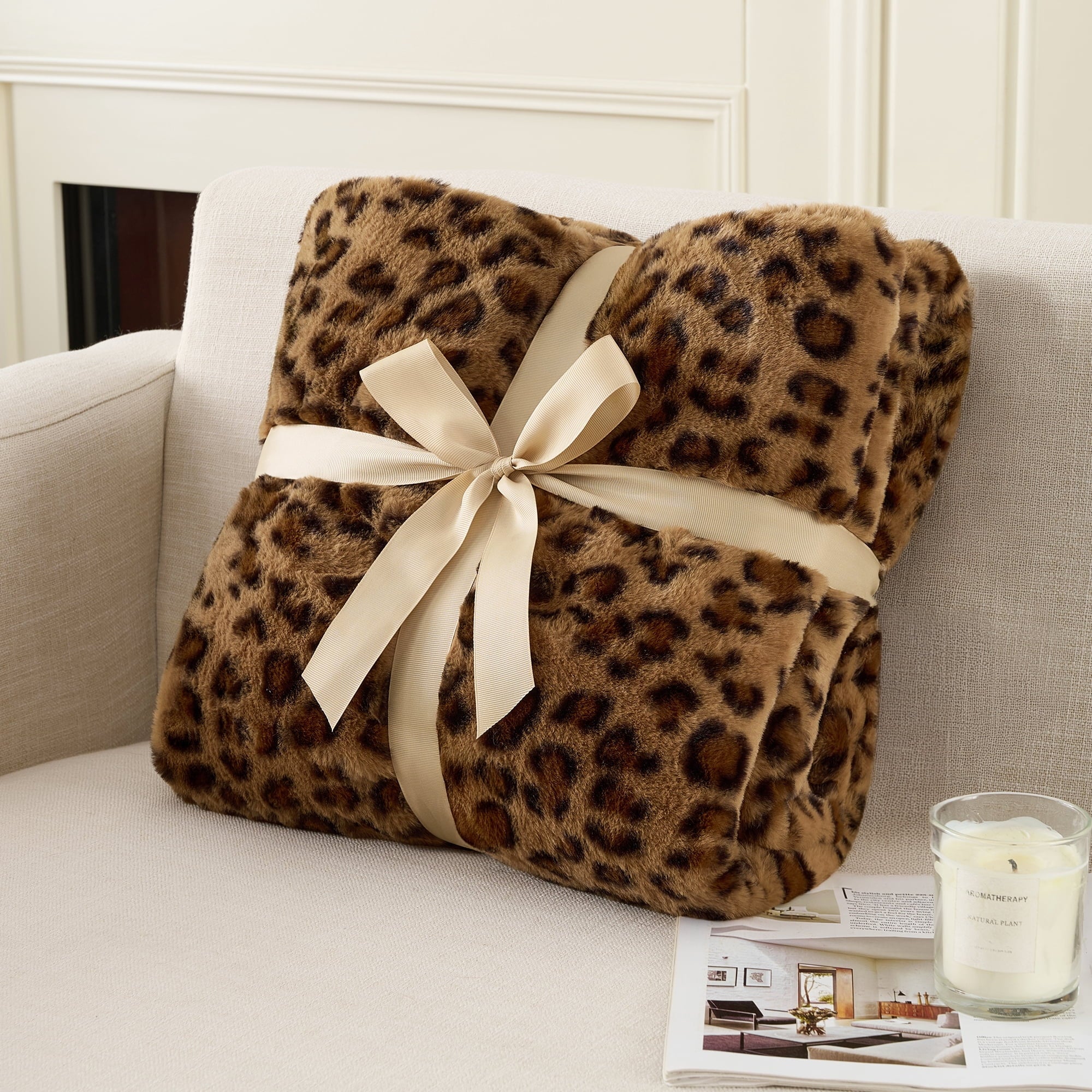 Super Soft Flannel Leopard Print Throw Blanket Soft Cozy Fluffy Plush Cheetah Print Blanket for Home Decor,50"x60",Brown - Luxury Knitted Decorative Throw Blanket with Fringes Detail