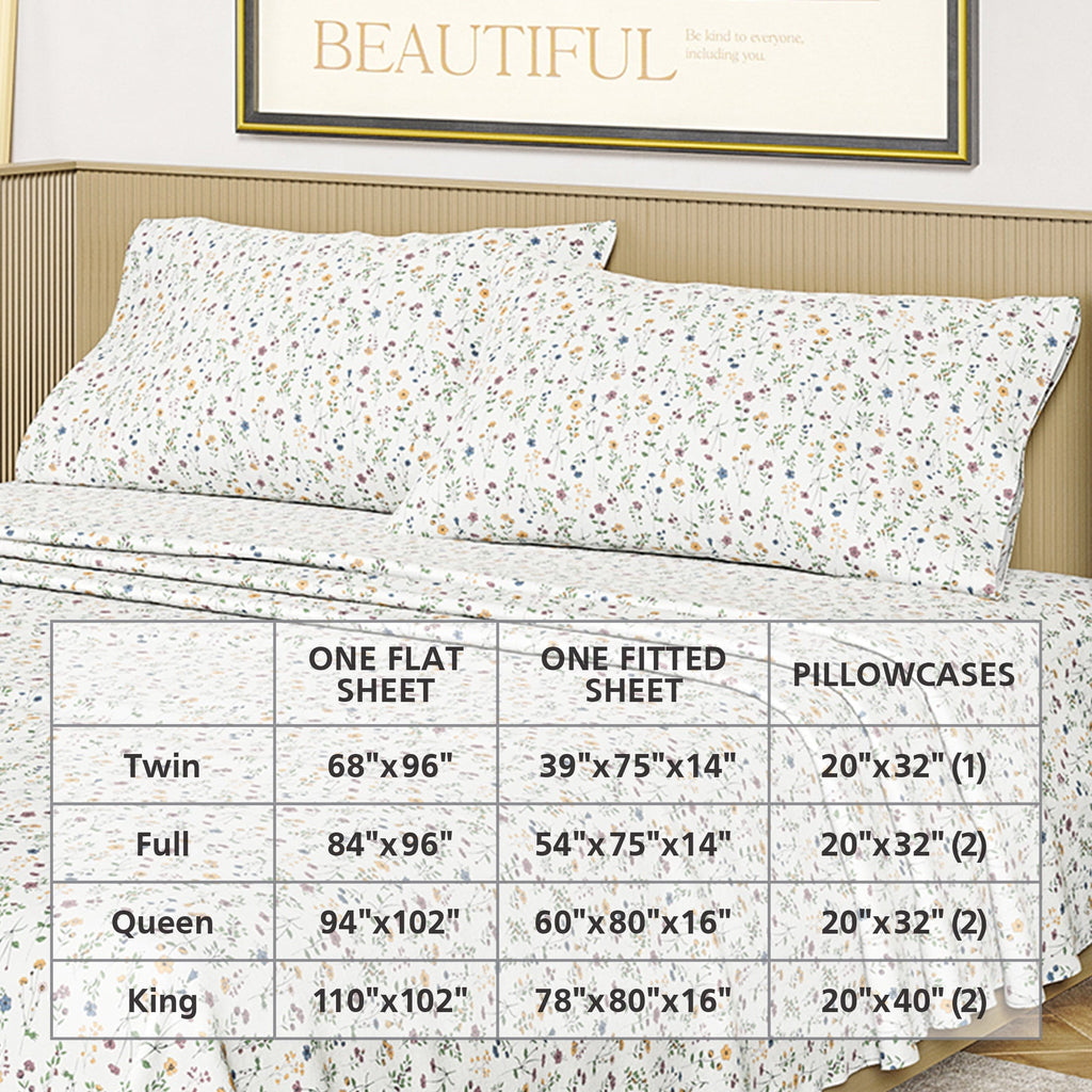 Wrinkle-Resistant Botanical 4-Piece 100% Cotton Washed Percale White Sheet Set, Queen - Breathable Egyptian Cotton Flat & Fitted Sheets Detail