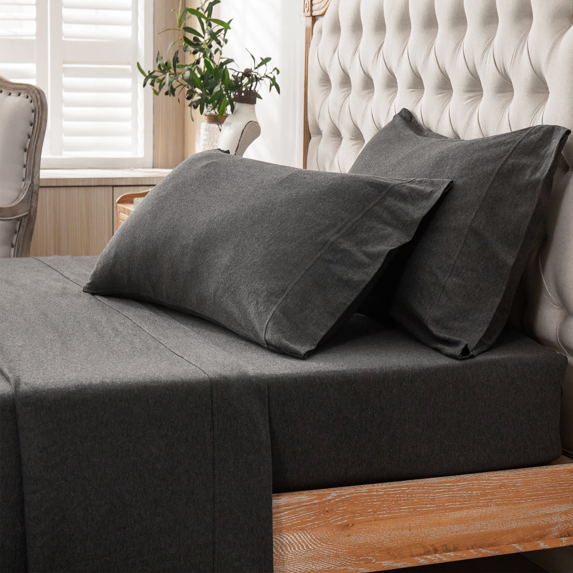 Cooling Sateen 100% Cotton Jersey Knit 4pc Bed Sheet Set Extra Deep Pocket up to 20" Charcoal Gray Queen - Premium Ultra-Soft Pillowcase Pair for Sleeping Detail