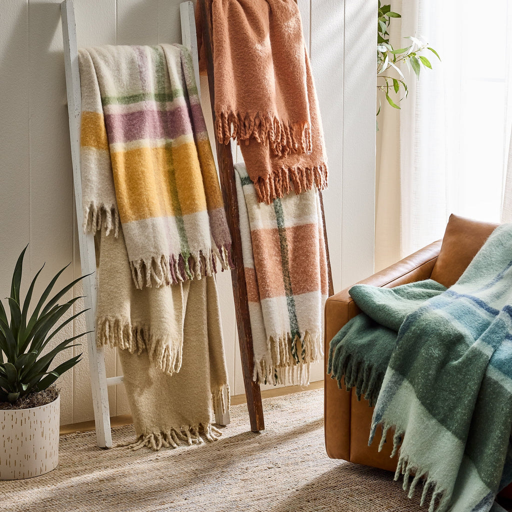Decorative Knitted Faux Mohair Cozy Couch Throw Blanket Green Plaid, 50x72" - Luxury Knitted Decorative Throw Blanket with Fringes Detail