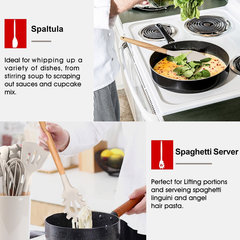 Ergonomic Cooking Kitchen Utensils Set of 6, Silicone Cooking Utensils with Wooden Handle, Non-Stick Cookware & Heat Resistant, Include... - Ergonomic Kitchen Tongs and Cooking Spoon Utensil Detail
