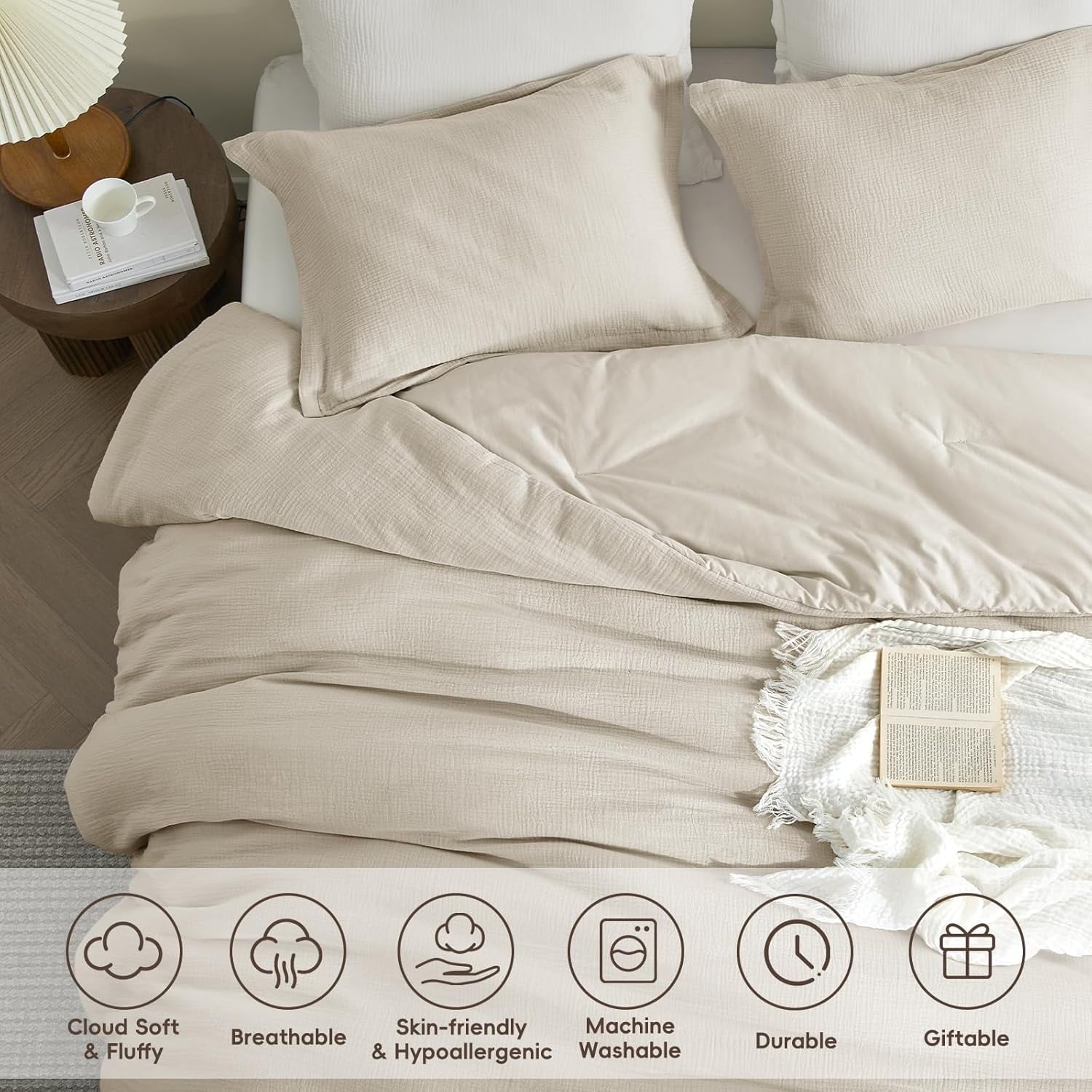 Heavyweight Warmth Cotton Muslin Comforter Set Queen Size, Ultra Soft Breathable & Lightweight Bedding Set for All Seasons, 1 Comfy Comf... - All-Season Down Alternative Comforter Insert Detail