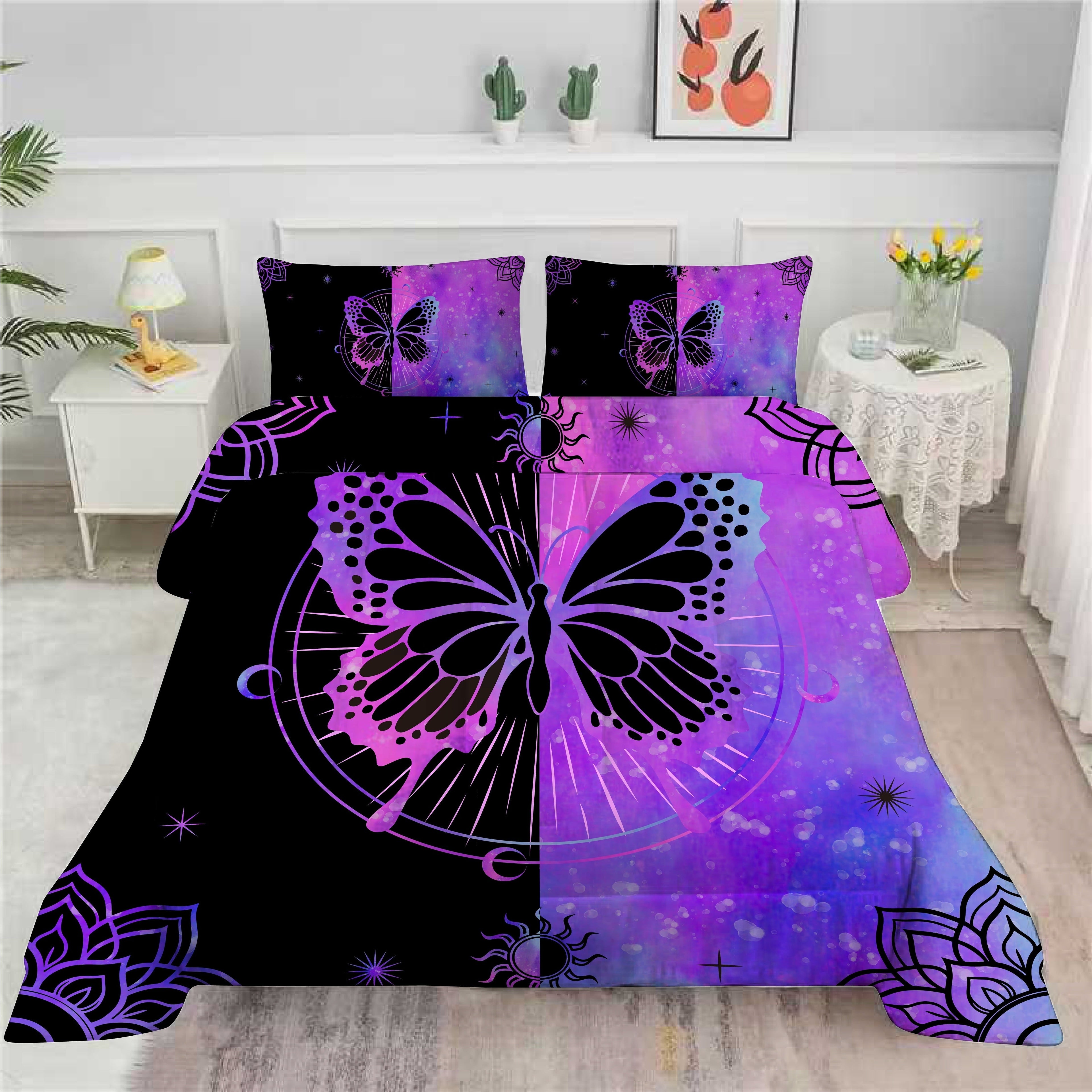 Luxurious Quilted Butterfly Comforter Set Full Size for Girls Kids Teens Black Blue Purple Tie Dye Bedding Set 3 Pieces - Hypoallergenic Ultra-Fluffy Quilt for Winter Detail