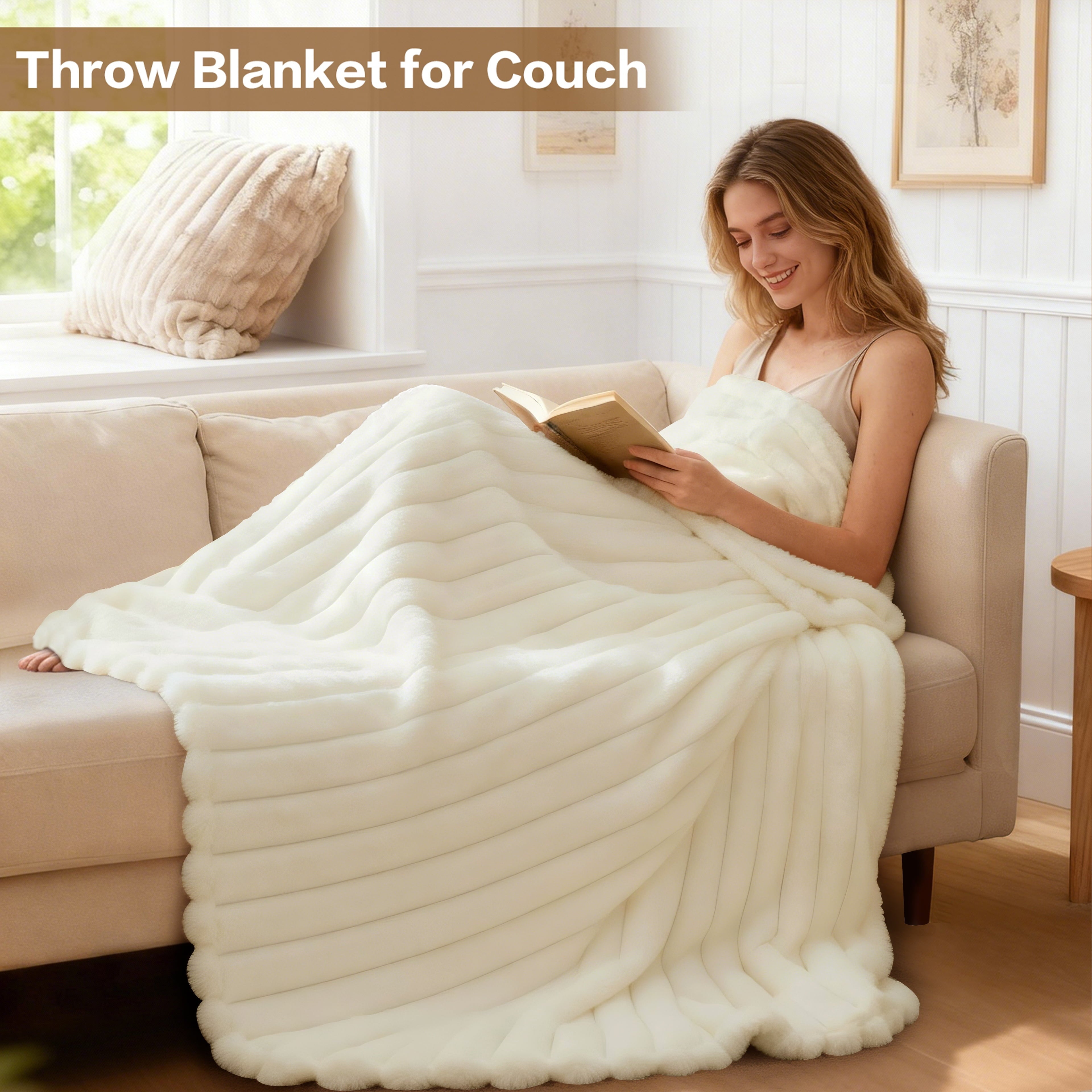 Lightweight Warm White Fleece Throw Blanket for Couch, Super Soft Cozy Blankets and Throws, Decorative Fleece Blankets for Women Men G... - Luxury Knitted Decorative Throw Blanket with Fringes Detail
