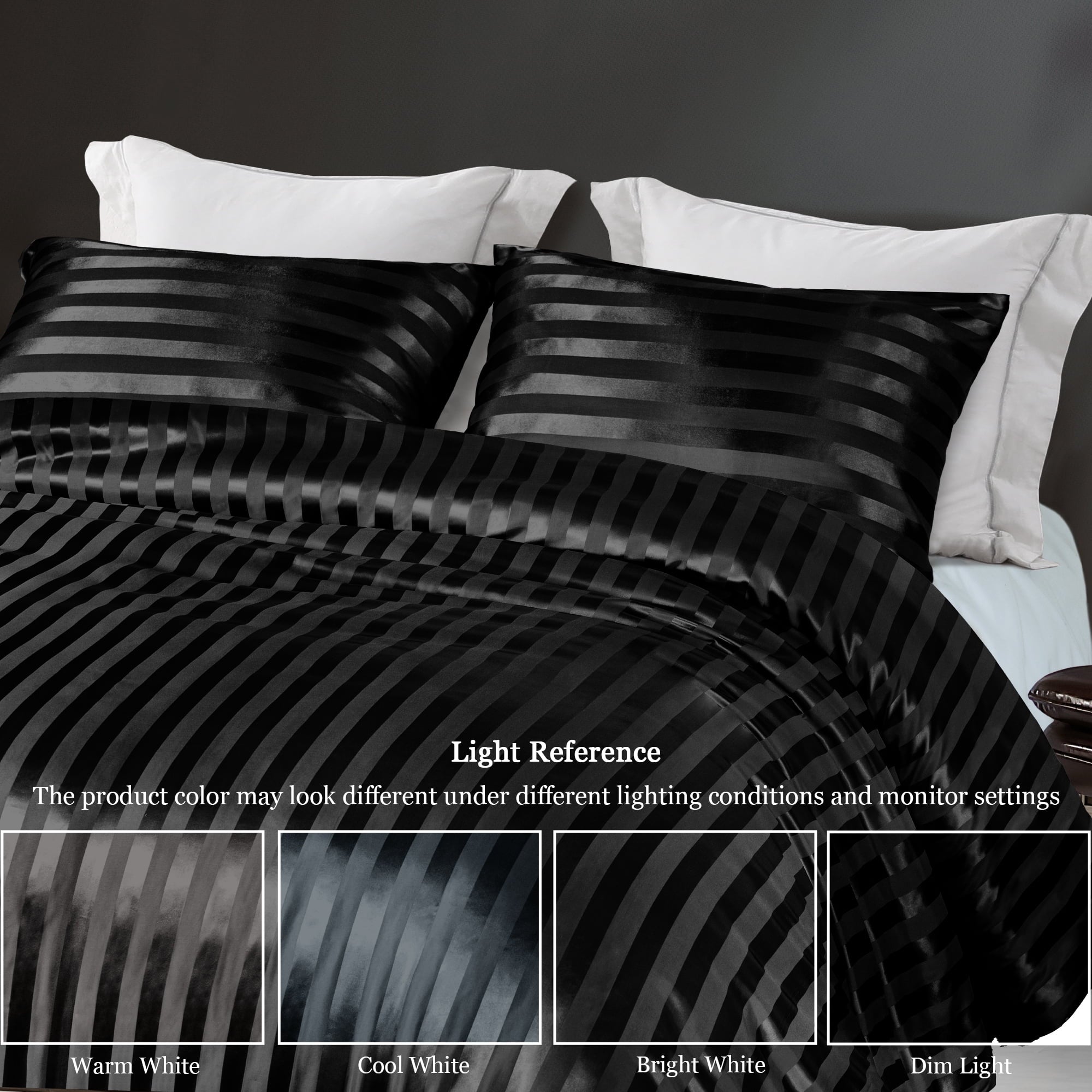 All-Season 3-Piece Reversible Silky Soft King Size Comforter Set, Luxury Stripe Satin Oversized Comforter Bedding Set with 2 Sat... - All-Season Down Alternative Comforter Insert Detail