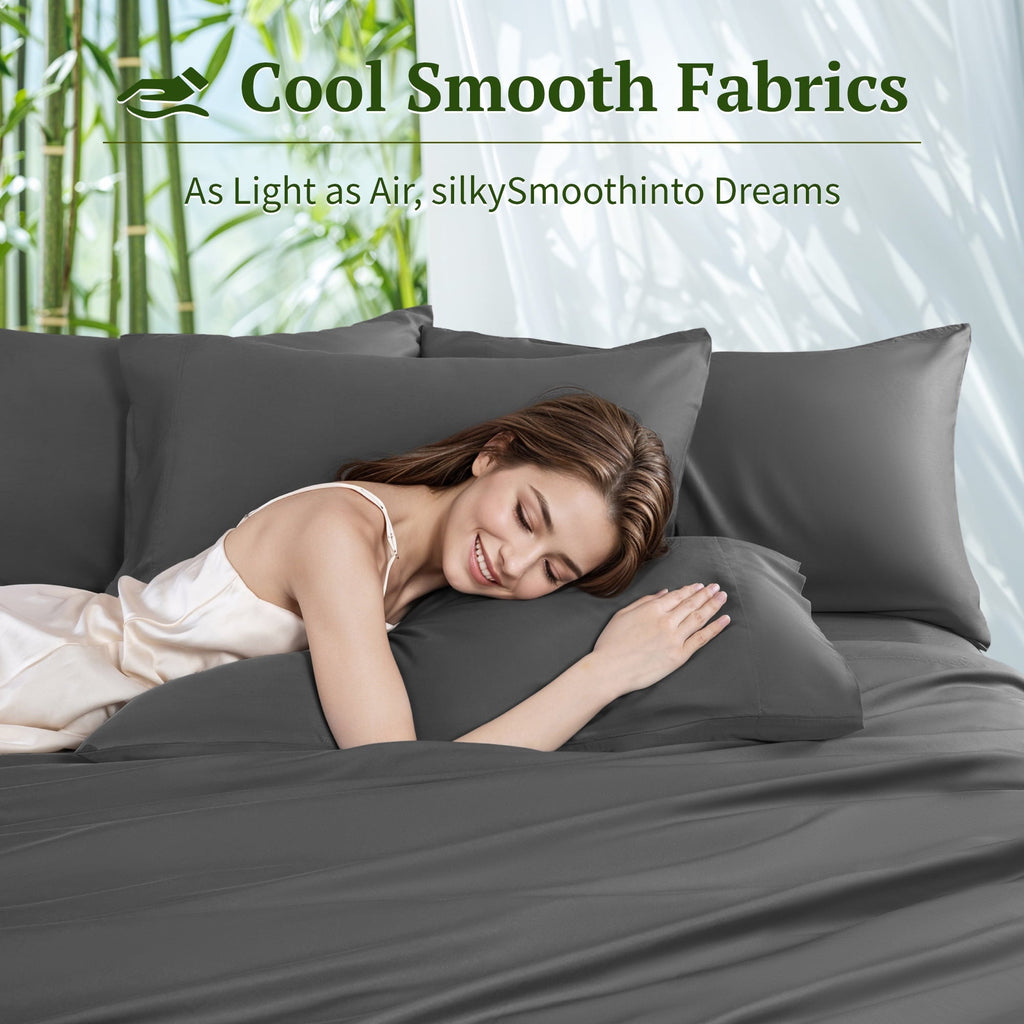 Wrinkle-Resistant 6 Pieces Bamboo Bed Sheets Set, Luxury Rayon Derived - Deep Pockets - Wrinkle Free - Extremely Soft, Queen, Dark Gray - Premium Ultra-Soft Pillowcase Pair for Sleeping Detail