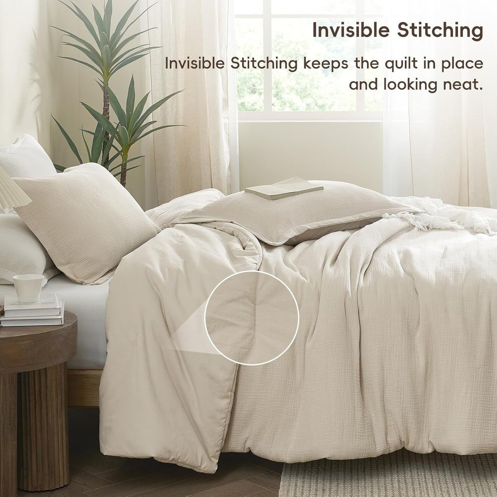Heavyweight Warmth Cotton Muslin Comforter Set Queen Size, Ultra Soft Breathable & Lightweight Bedding Set for All Seasons, 1 Comfy Comf... - All-Season Down Alternative Comforter Insert Detail