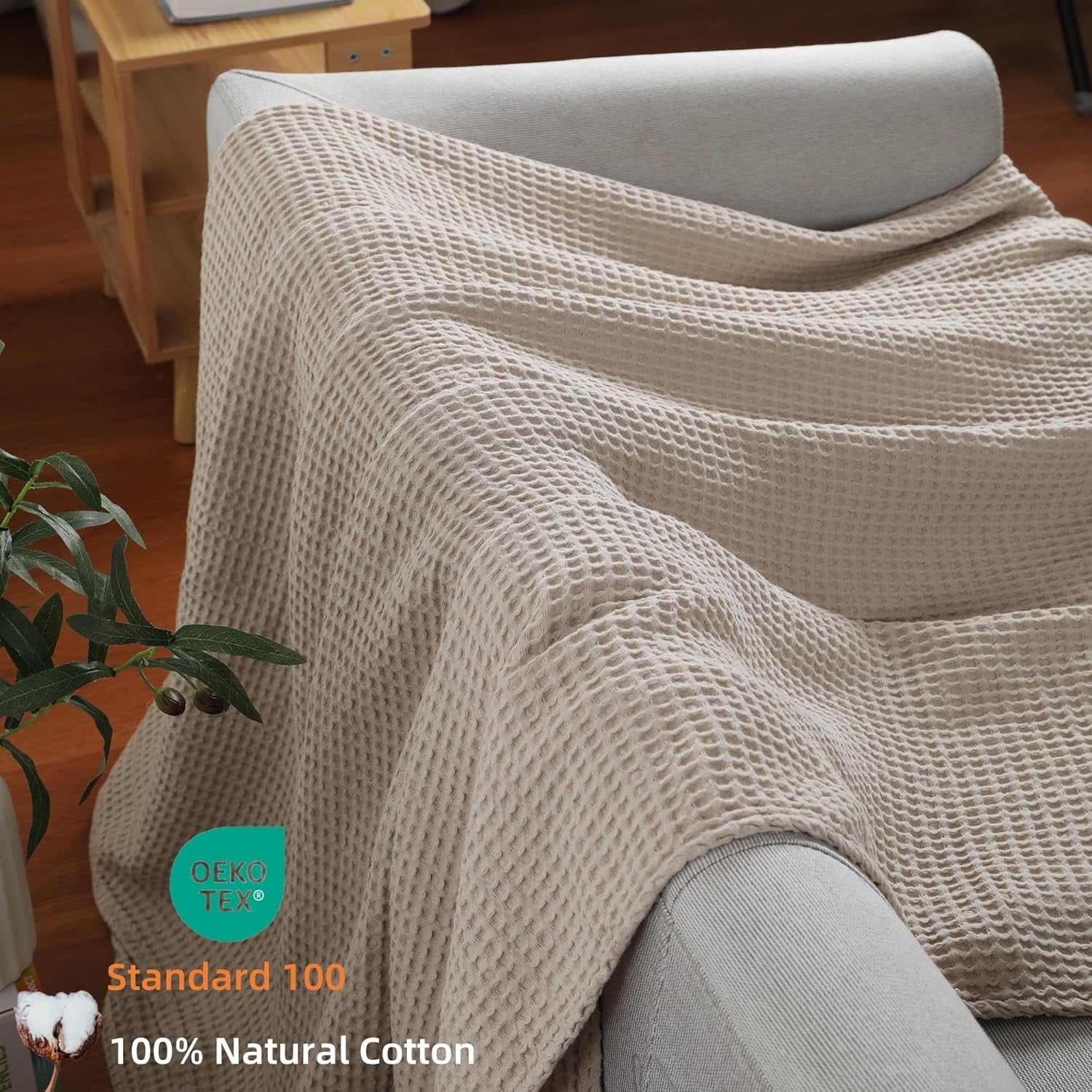 Lightweight Warm 100% Cotton Waffle Bed Blanket King Size, Throw Blanket for Couch All Seasons (Beige, 104x90) - Lightweight Plush Warm Blanket for All Seasons Detail
