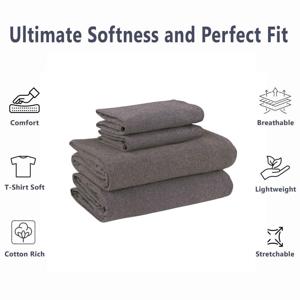 Breathable Luxury Cotton Rich Extra Soft Jersey Bed Sheet Set, Queen, Charcoal, 4 Pieces - Premium Ultra-Soft Pillowcase Pair for Sleeping Detail